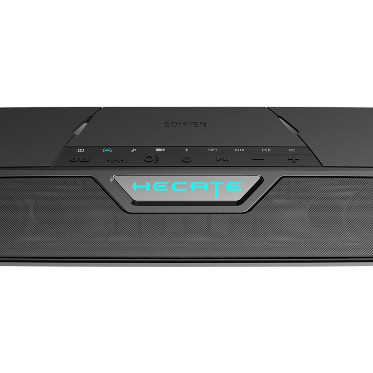 Altavoz negro con iluminación azul HECATE y botones de control.