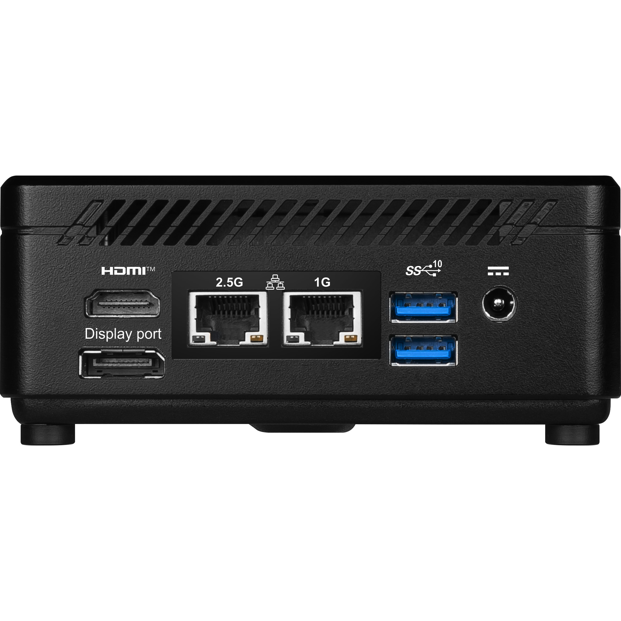 Czarna obudowa mini PC z portami: HDMI, DisplayPort, Ethernet 2.5G i 1G, USB 3.0.