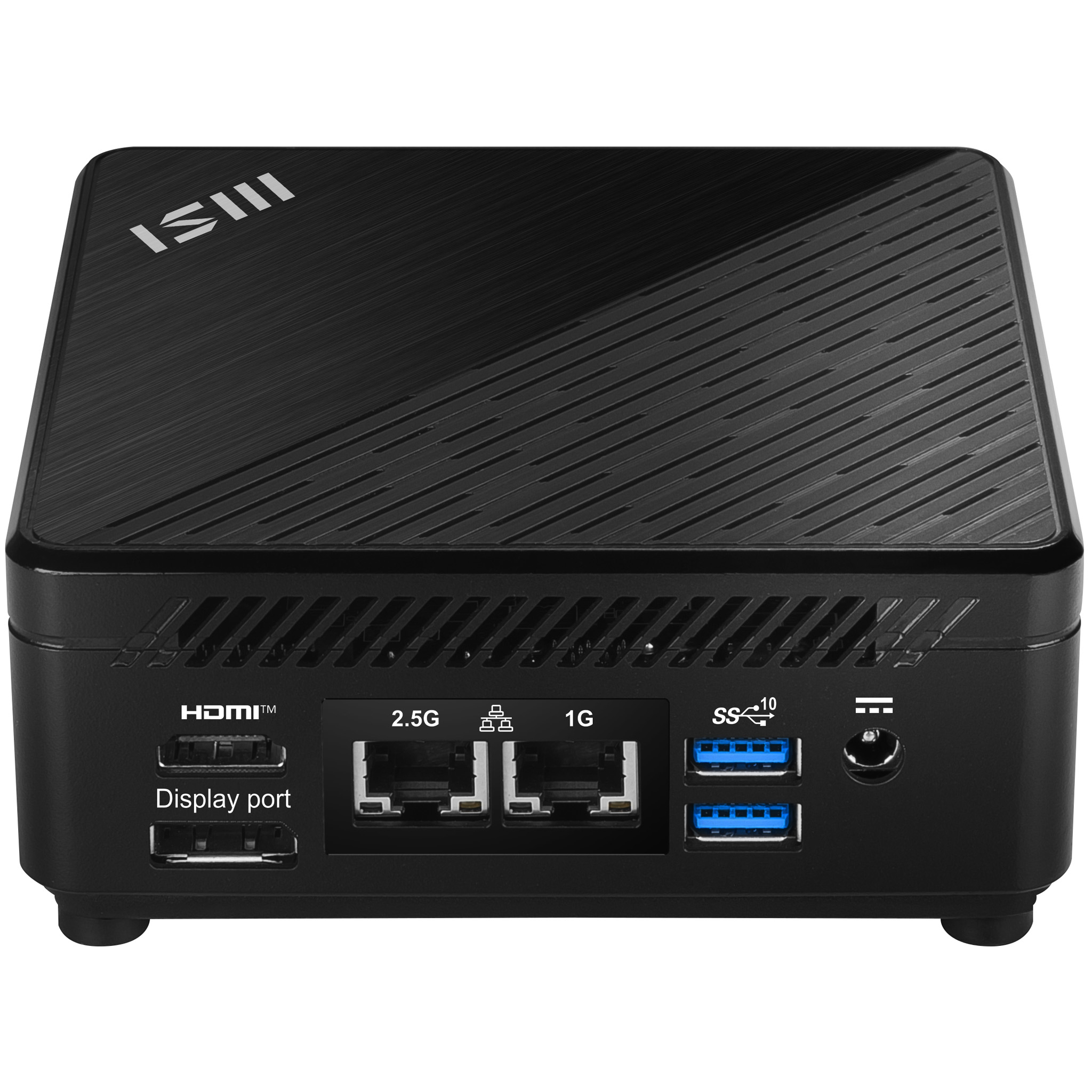 Czarny mini PC z portami: HDMI, Displayport, 2.5G i 1G LAN, USB 3.0, zasilanie.