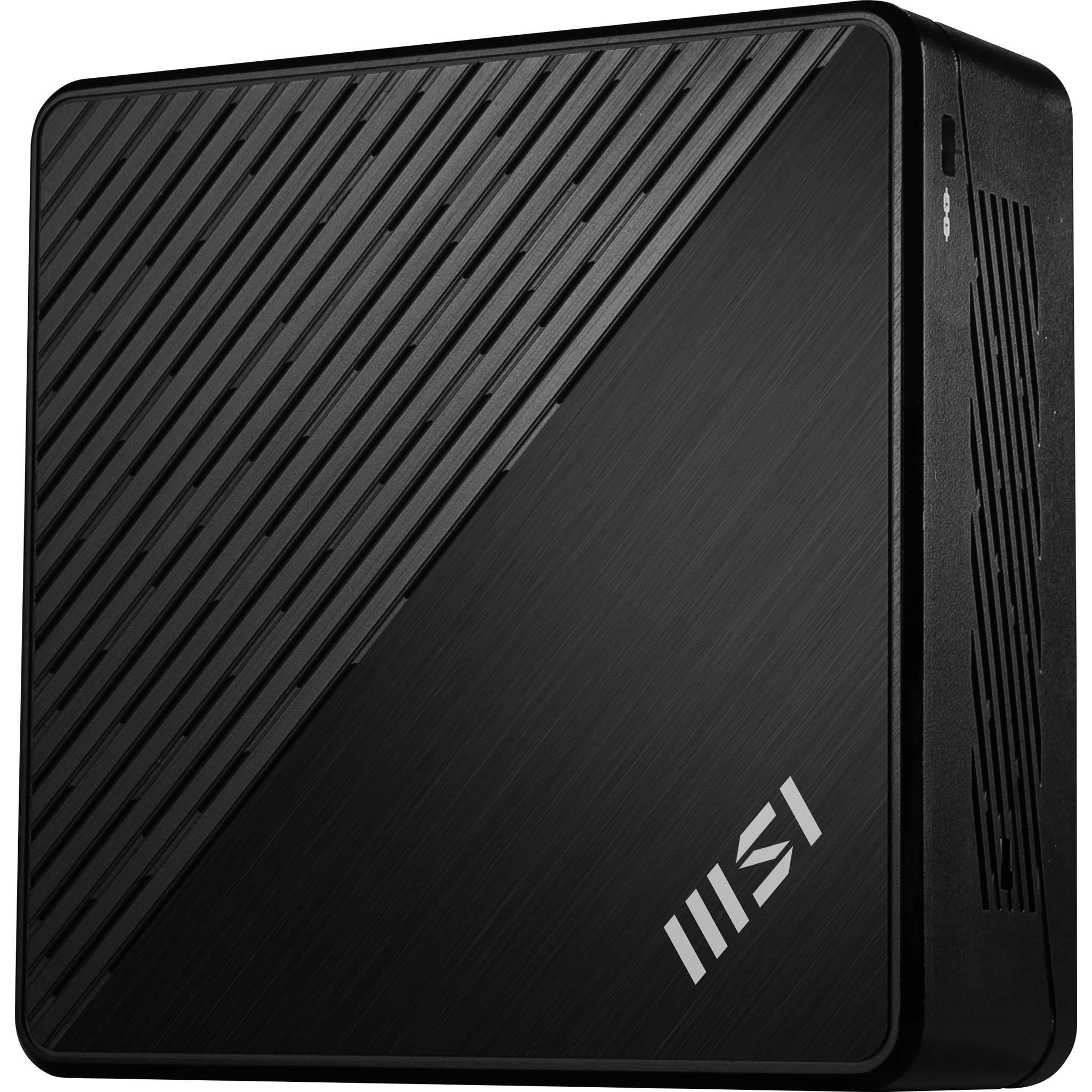 Czarny mini PC z żebrowanymi i szczotkowanymi powierzchniami i logo MSI.