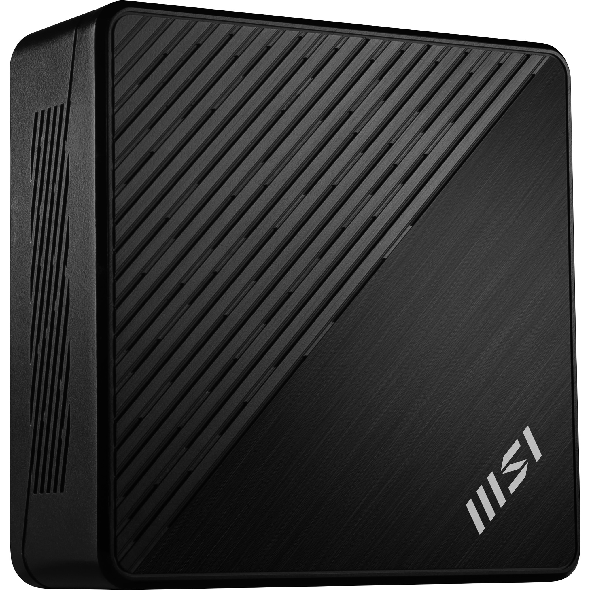 Czarny mini PC z prążkowanym blatem i logo MSI.