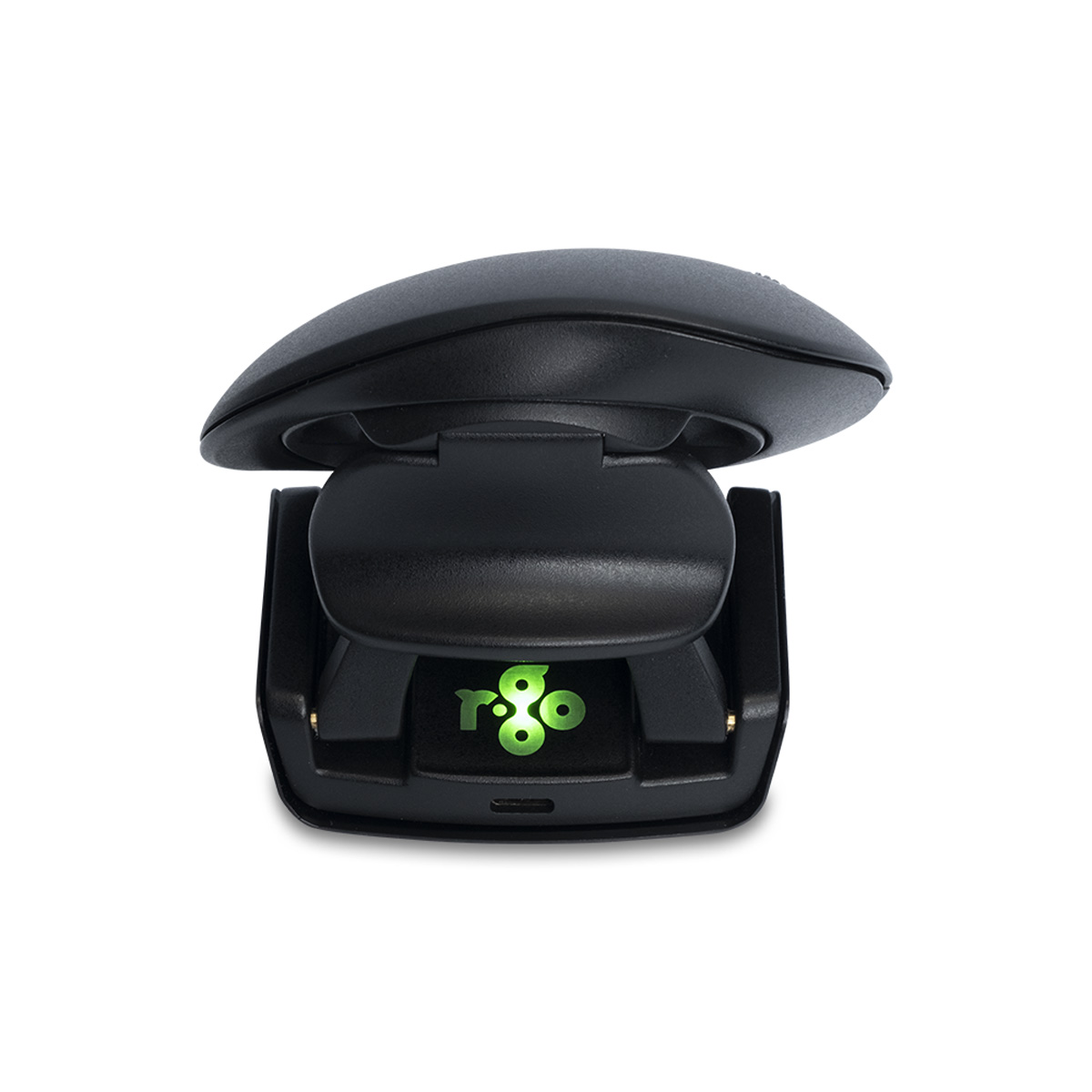 Een zwarte scanner met groen logo staat op een standaard.