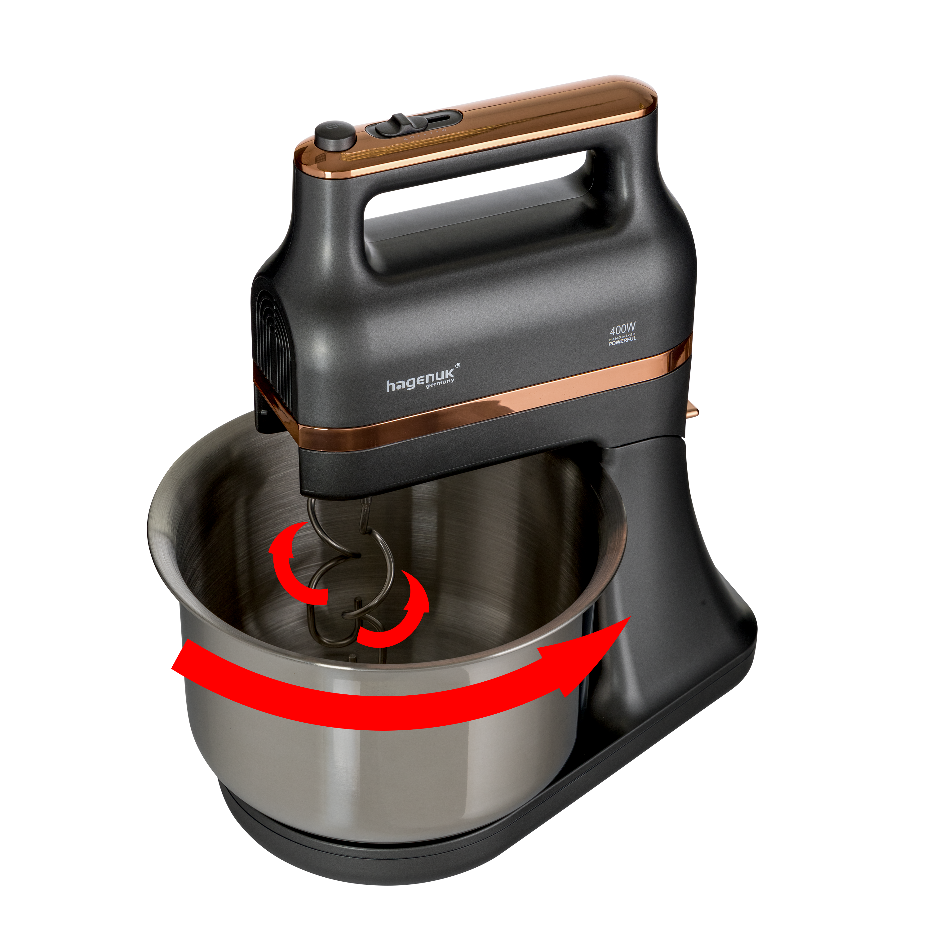 Grauer Handmixer mit Kupferdetails und Rührschüssel, rote Pfeile zeigen Bewegung an.