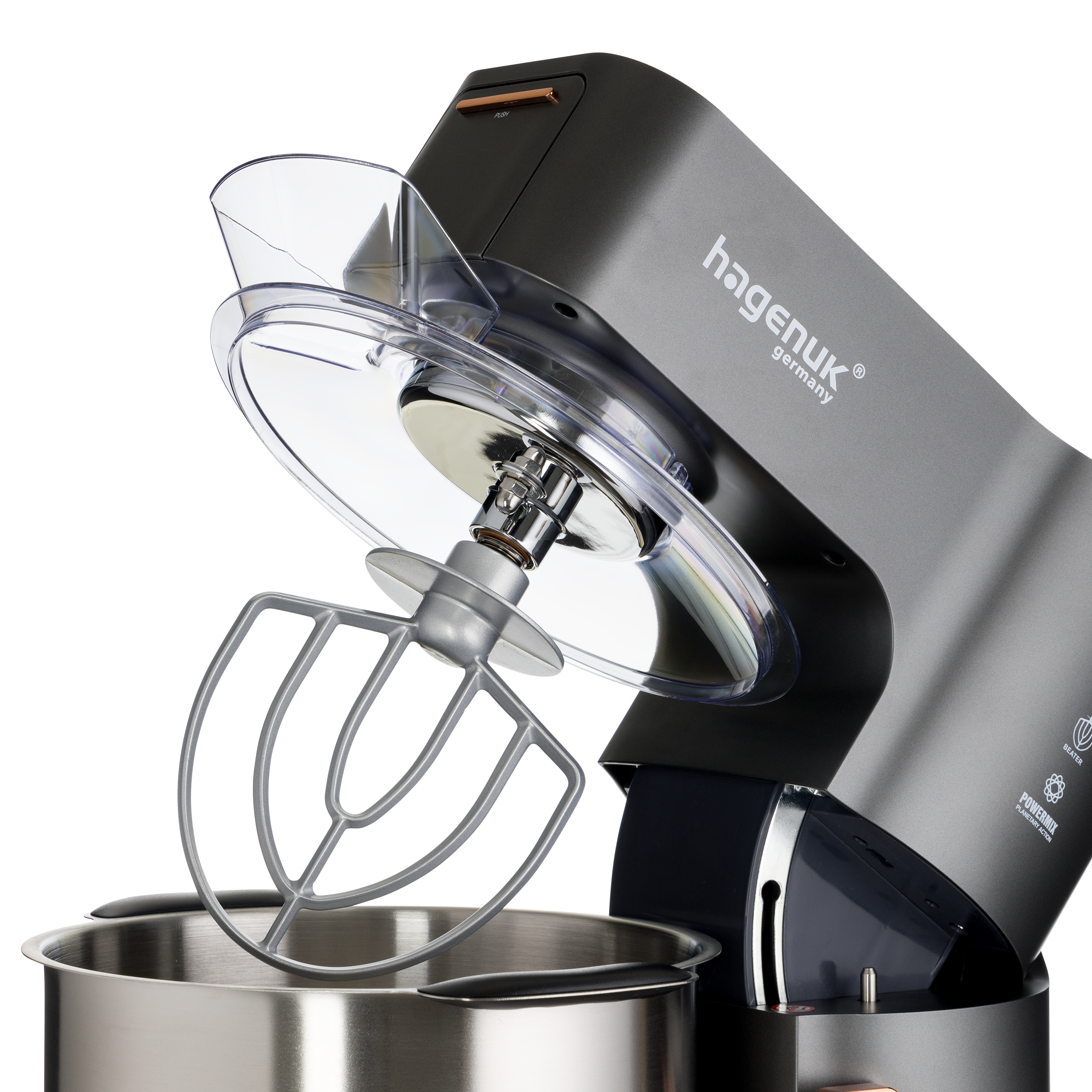 Grauer Küchenmixer mit Rührschüssel und transparentem Spritzschutz.