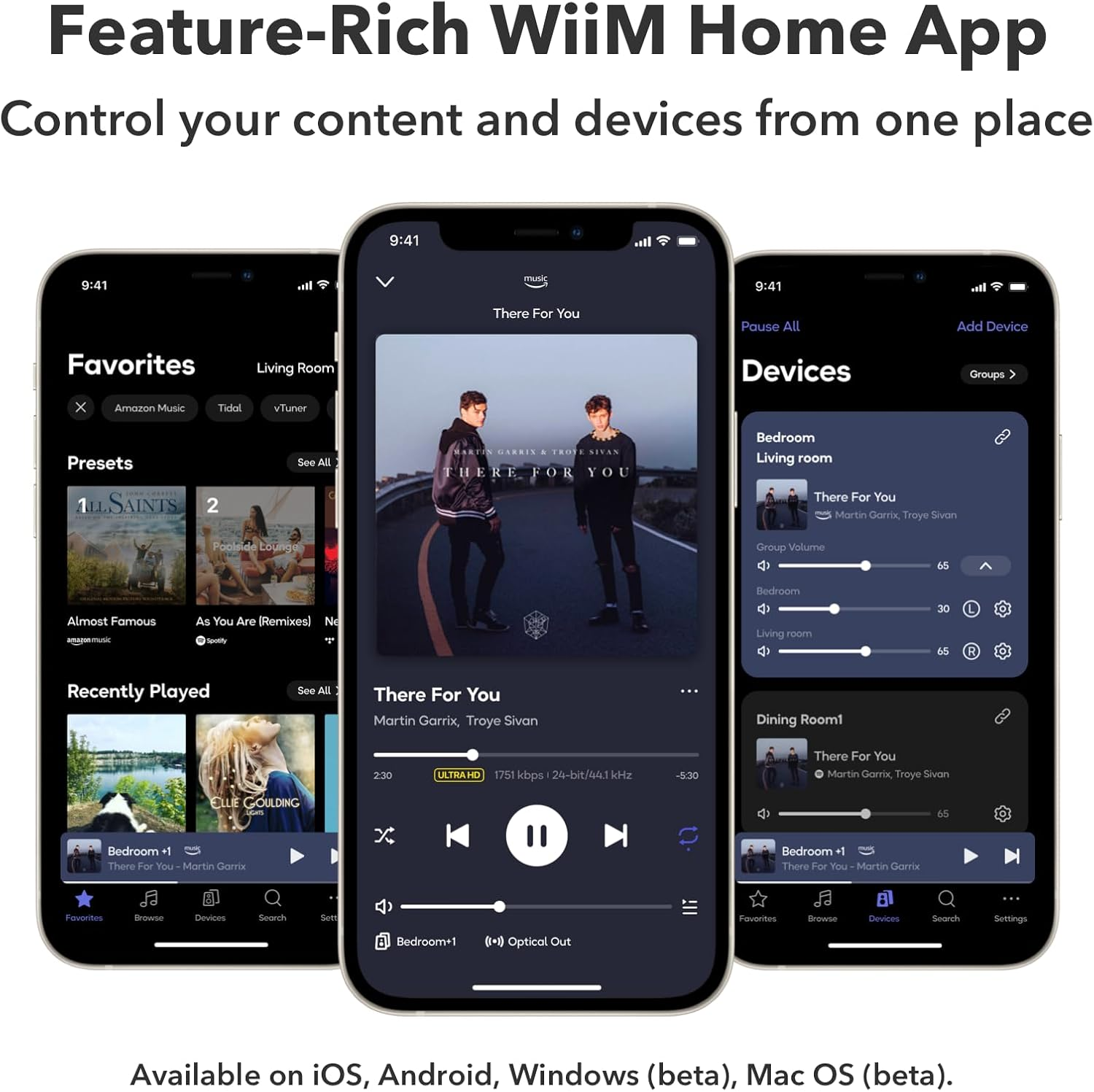 Drei Smartphones zeigen die WiiM Home App mit Musik und Geräteeinstellungen.