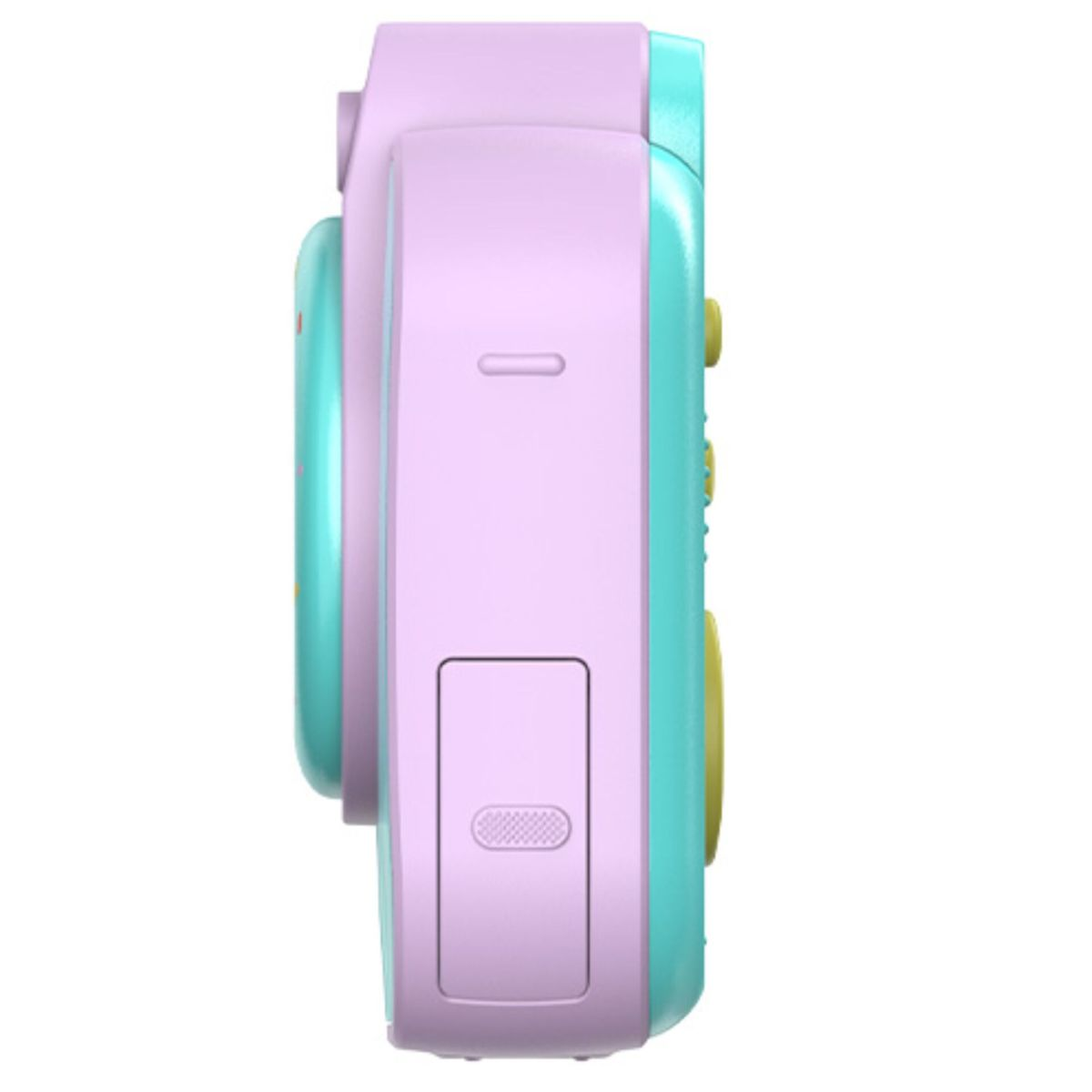 Zbliżenie na turkusowy i fioletowy aparat cyfrowy z żółtymi przyciskami.