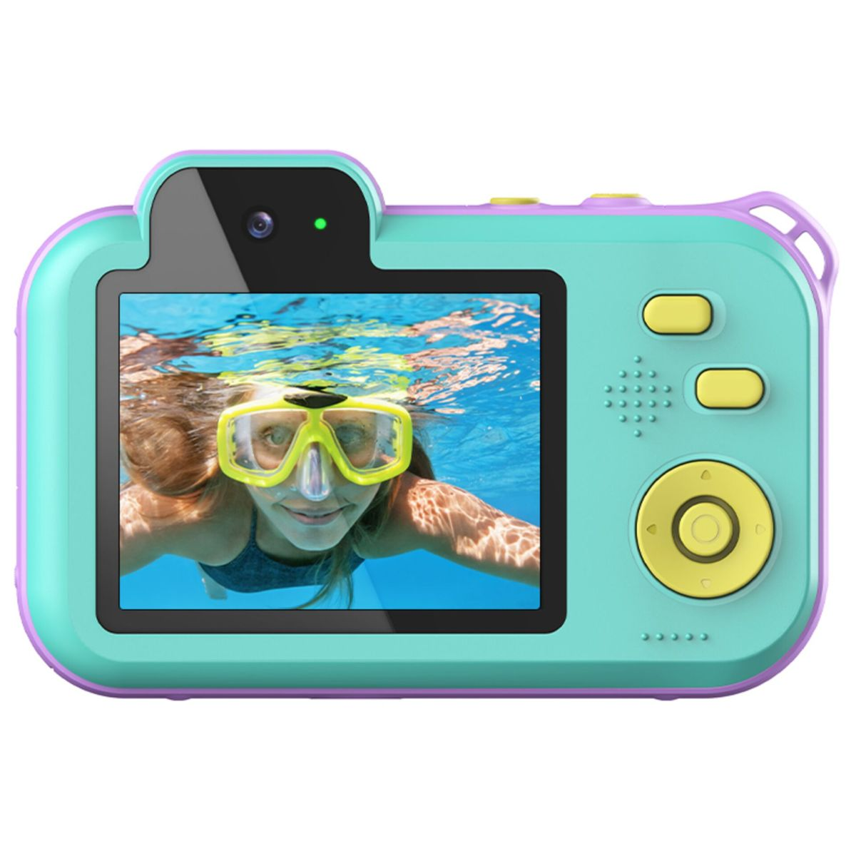 Fioletowo-turkusowy ekran kamery dla dzieci pokazuje dziewczynkę w żółtych goglach pod wodą.