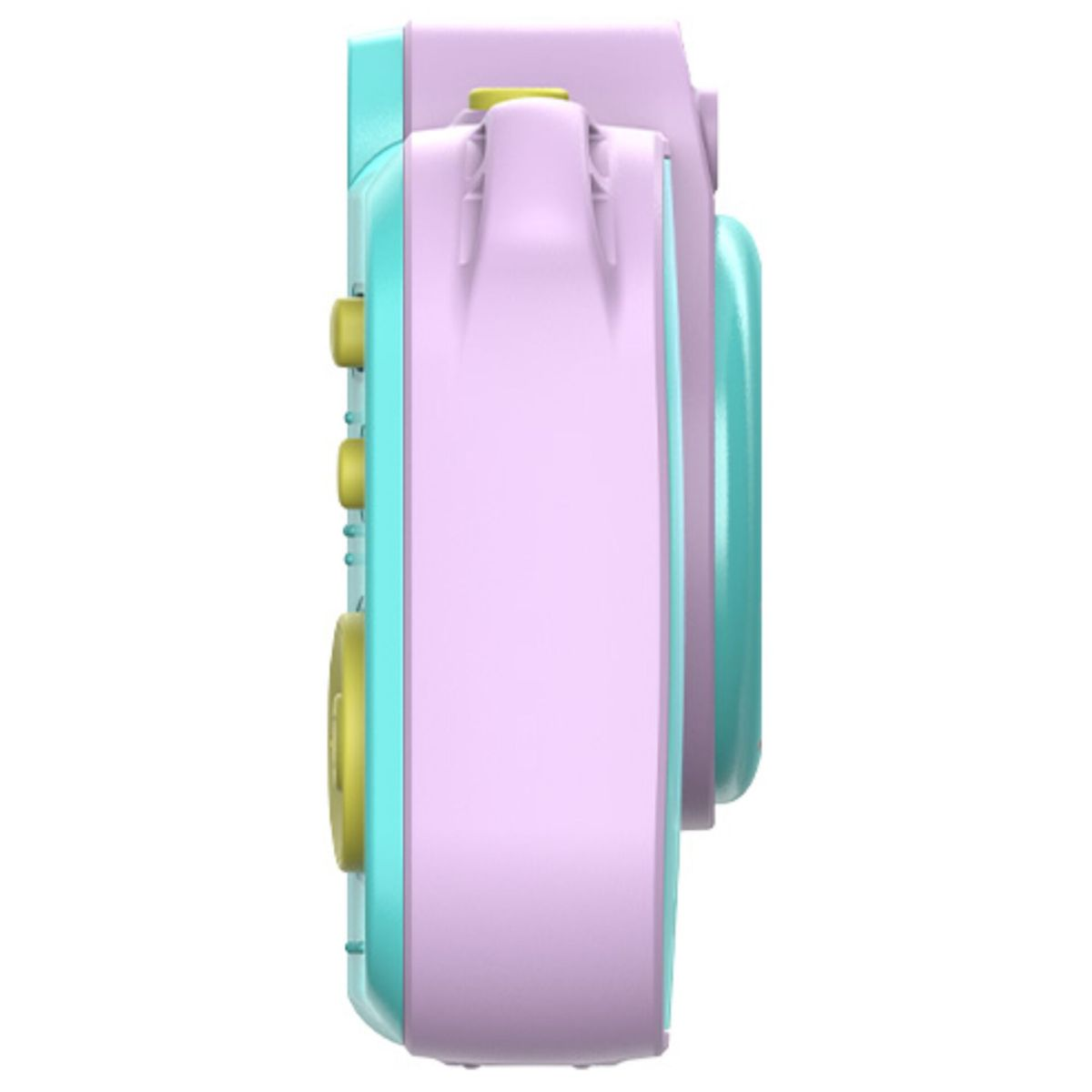 Jasnofioletowy i turkusowy aparat z żółtymi przyciskami, widziany z boku.