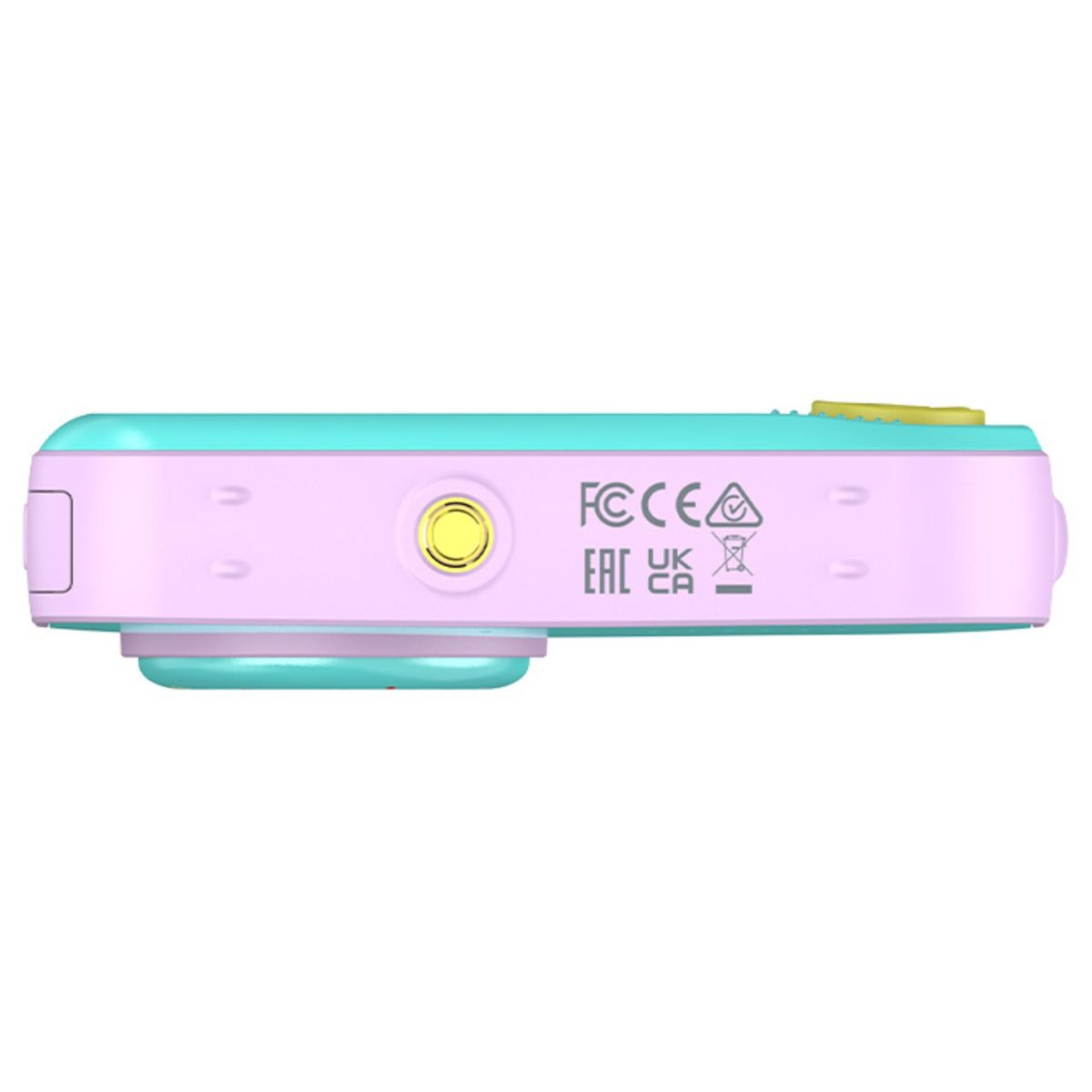 Różowy aparat z turkusowymi akcentami pokazuje znaki certyfikacji.