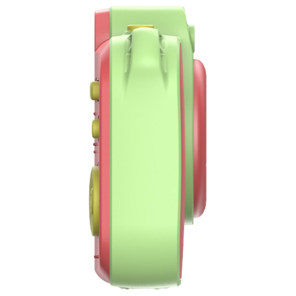 Jasnozielony i czerwony aparat z żółtymi przyciskami, widziany z boku.