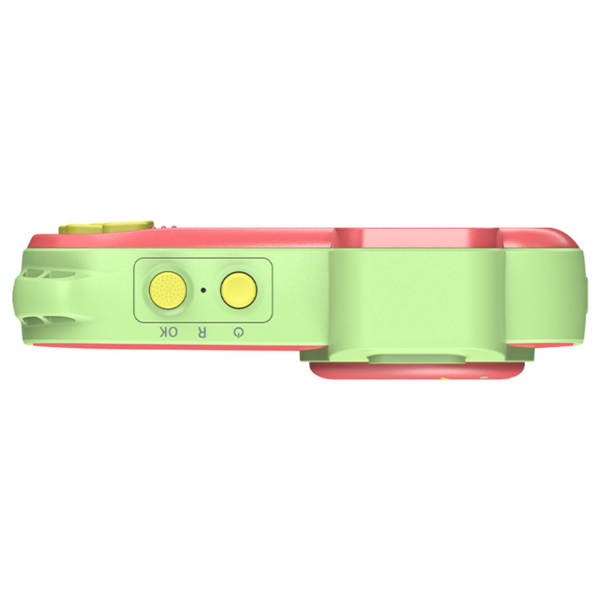 Zielono-różowy aparat dla dzieci z żółtymi przyciskami i etykietami.