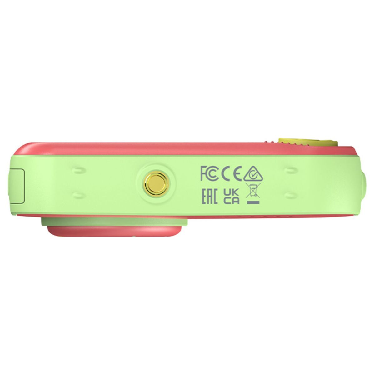 Jasnozielony aparat z czerwonym wykończeniem, logo FCC, EAC i UKCA.