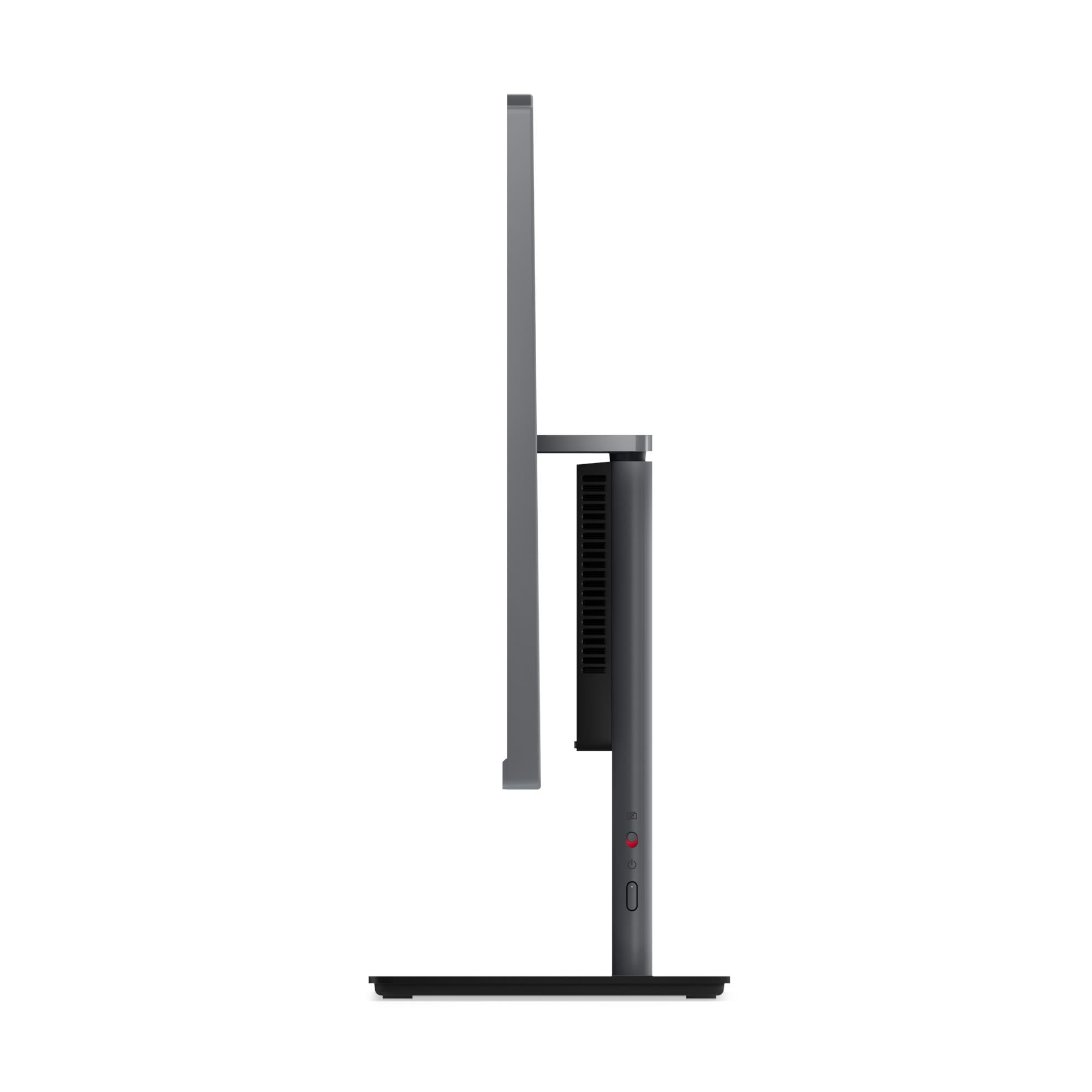 Monitor grigio di profilo con base nera e fessure di ventilazione.