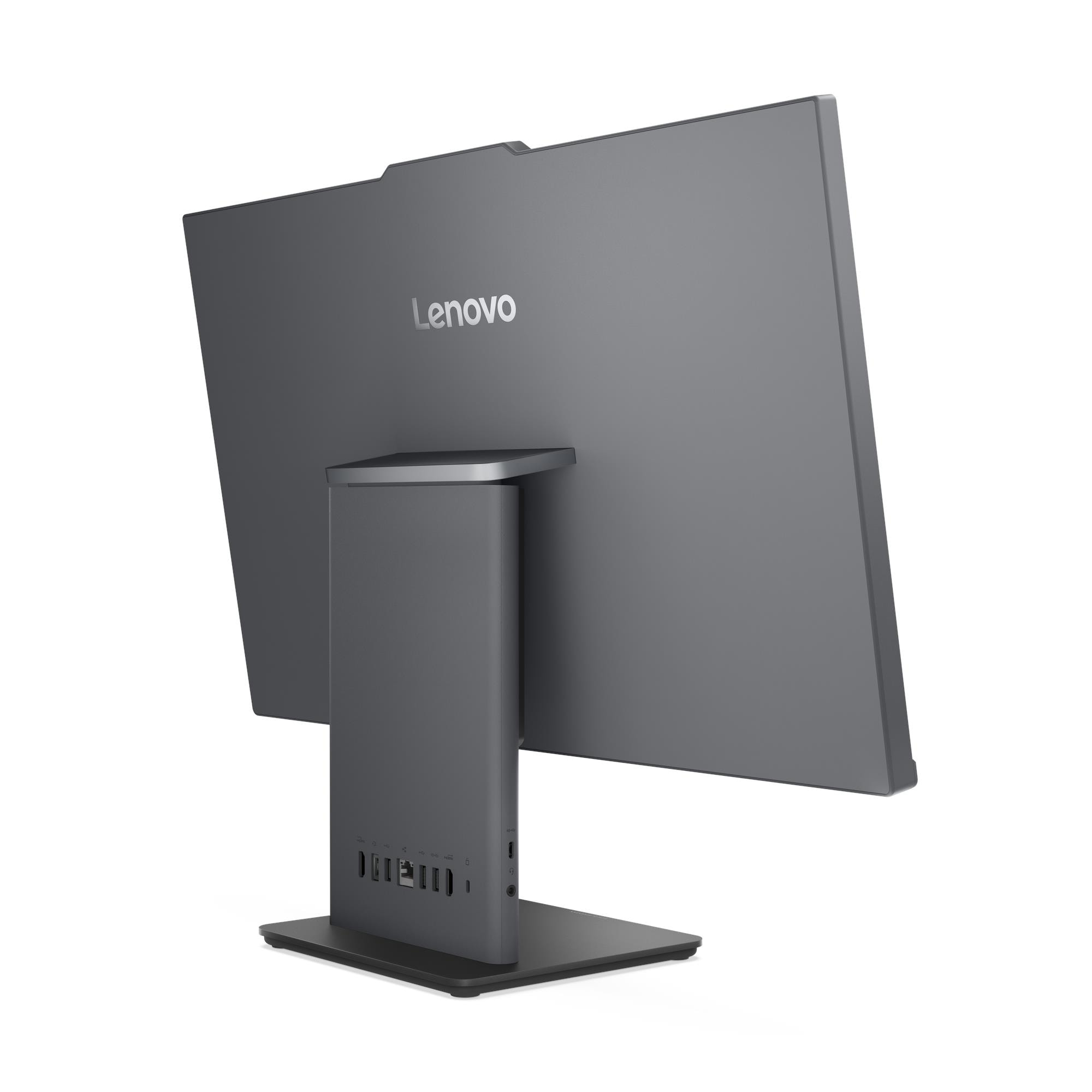 Vista posteriore di un computer all-in-one Lenovo grigio con porte.