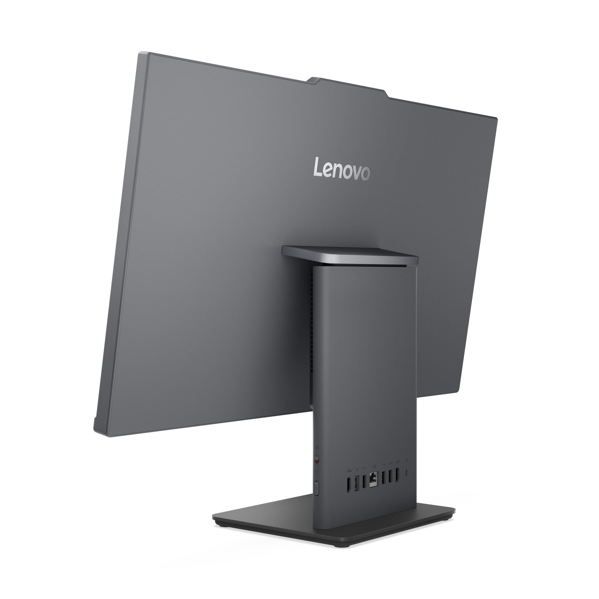 Vista posteriore di un computer all-in-one Lenovo grigio con porte.
