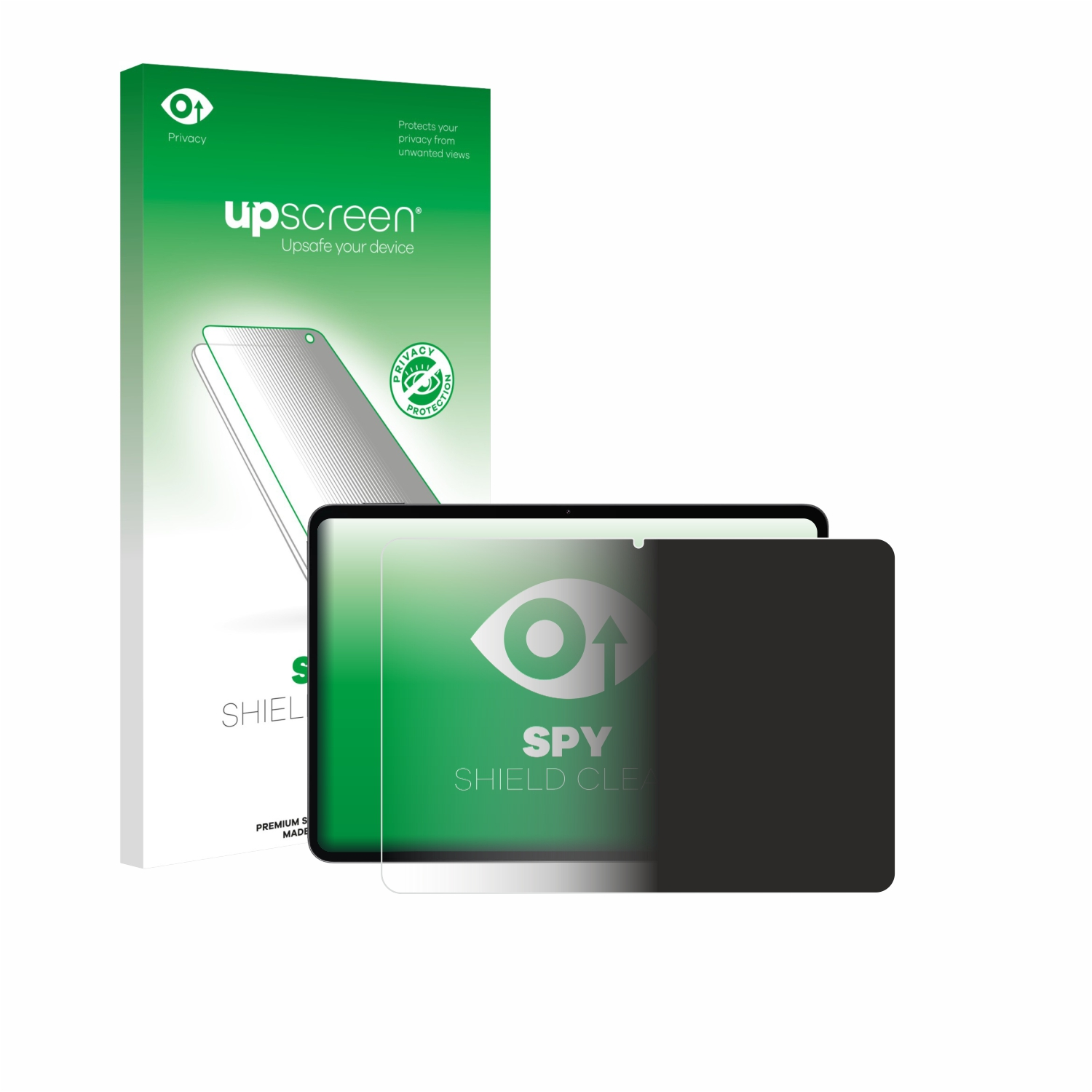 Upscreen-Privatsphäre-Schutzverpackung und Displayschutzfolie auf einem Gerät.