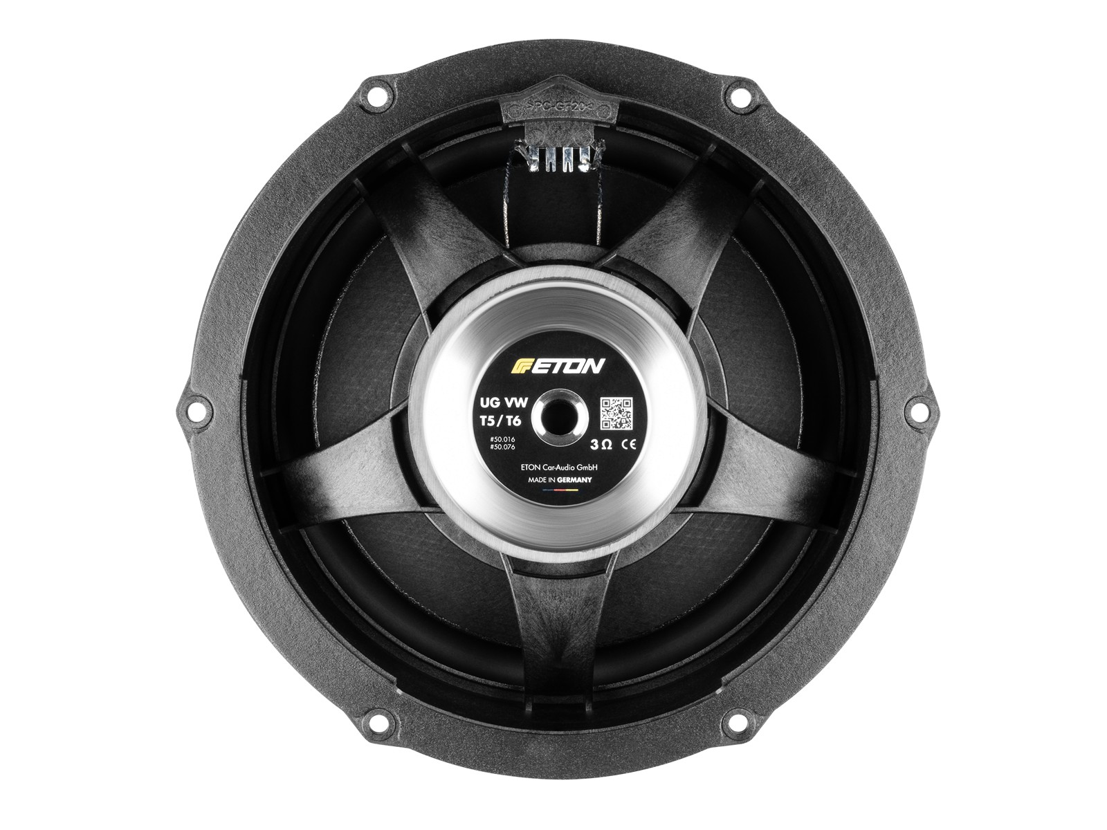 Schwarzer Lautsprecher mit silbernem Zentrum. Beschriftung: ETON UG VW T5/T6 3 Ohm CE.