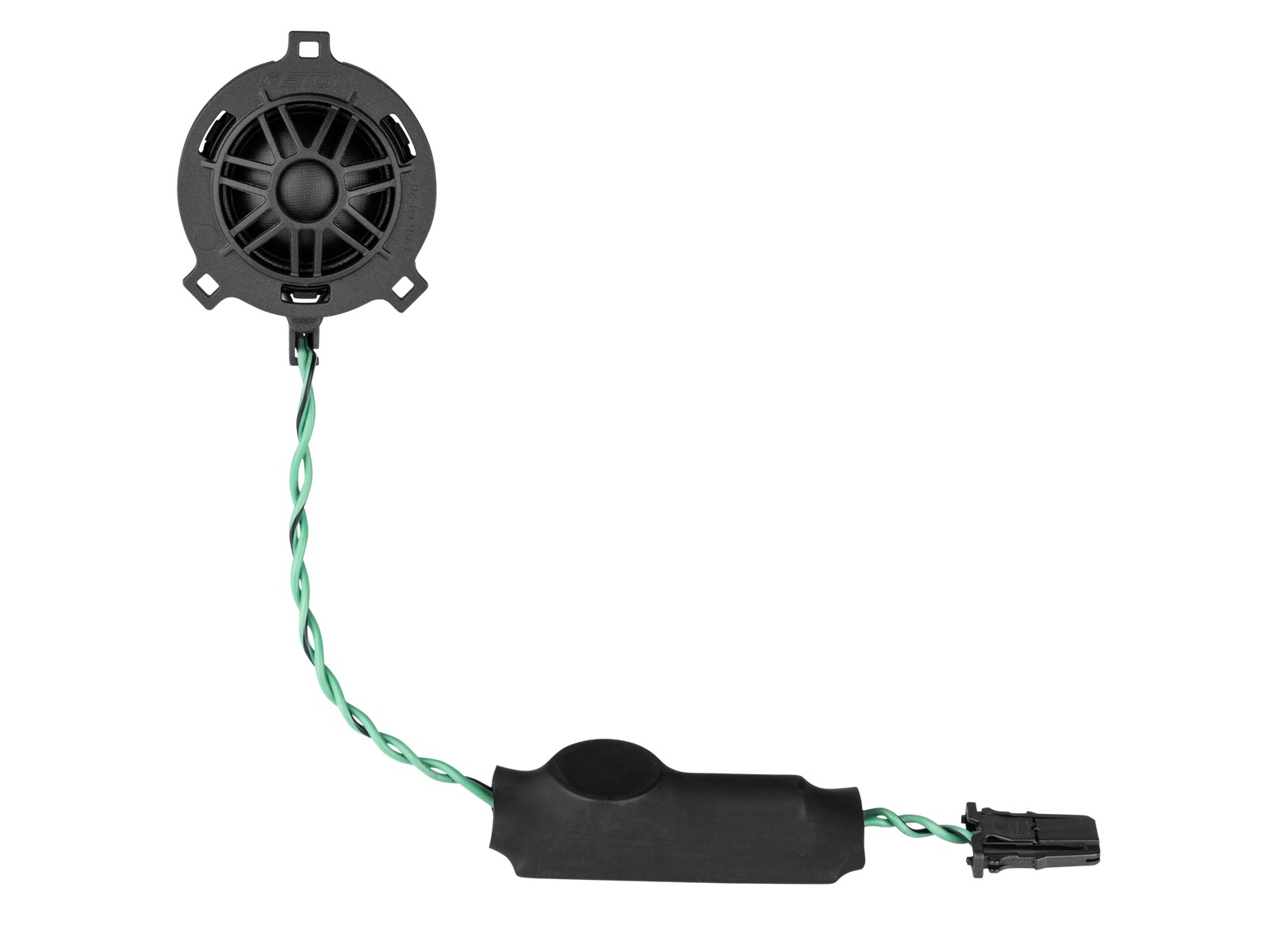 Schwarzer Hochtöner mit Kabel und Stecker auf weißem Hintergrund.