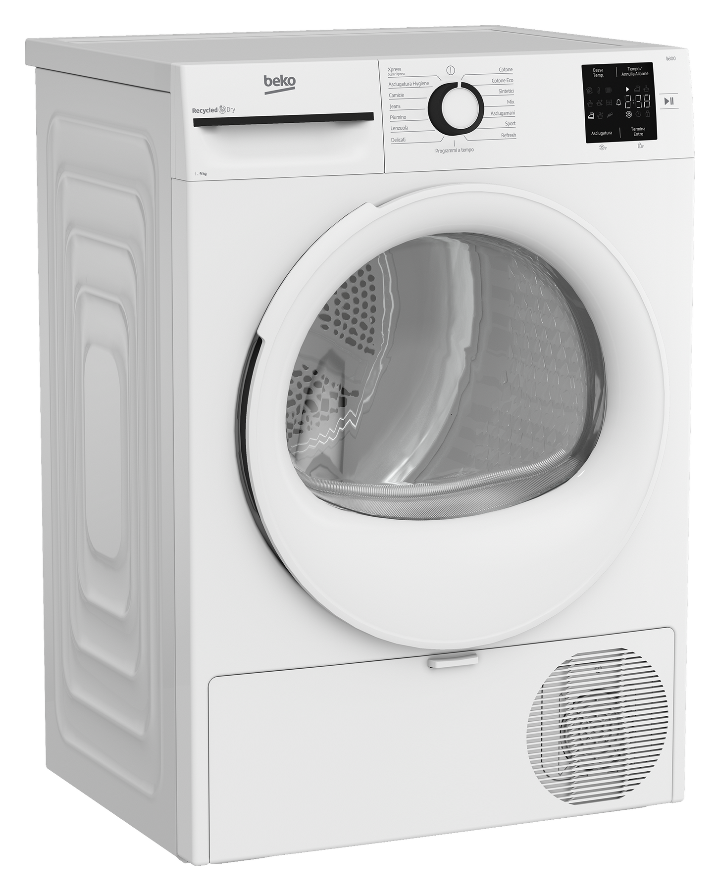 Un'asciugatrice Beko bianca con display digitale e porta rotonda.