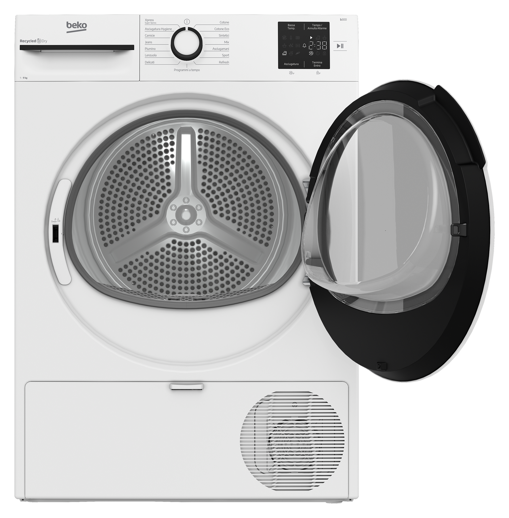 Una asciugatrice Beko bianca con sportello aperto e pannello comandi.