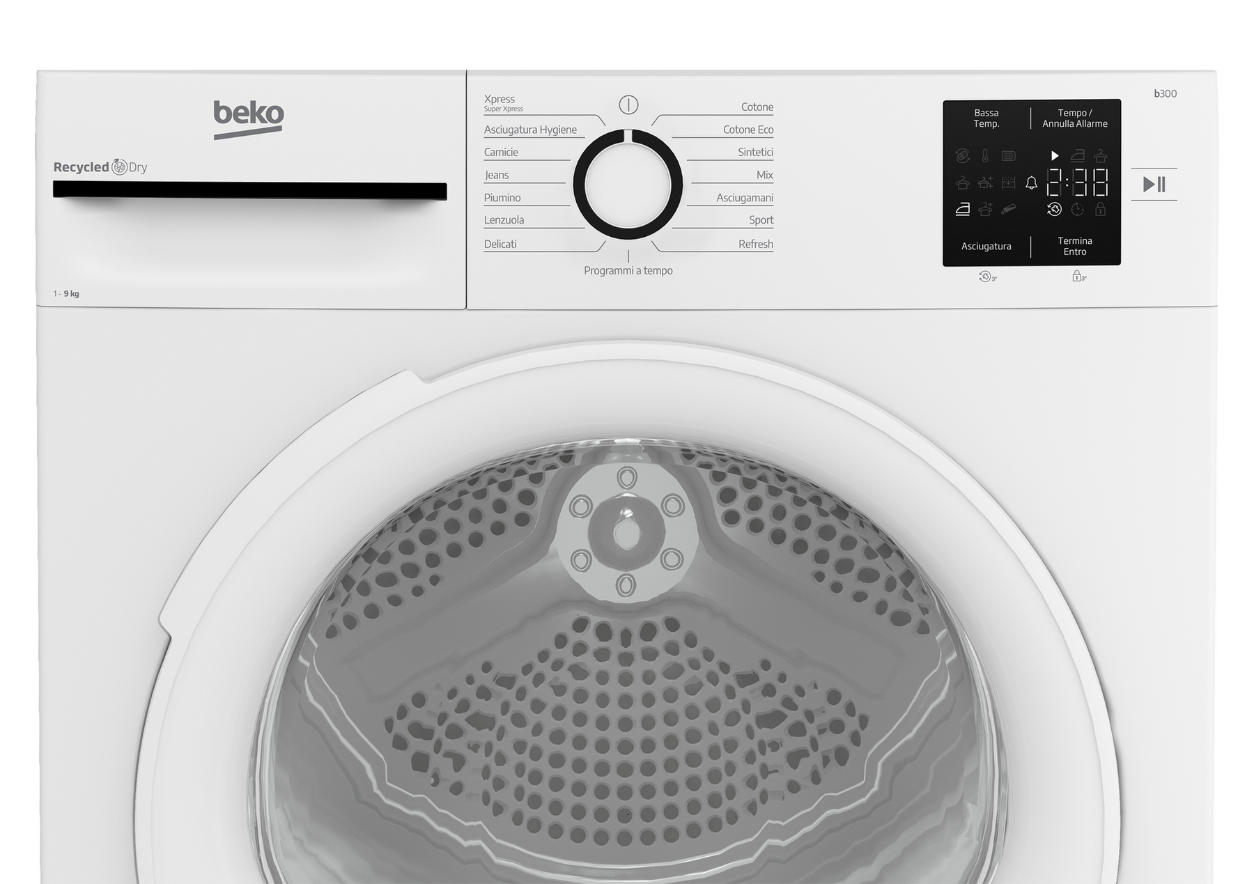 Asciugatrice Beko bianca con pannello comandi e display digitale.