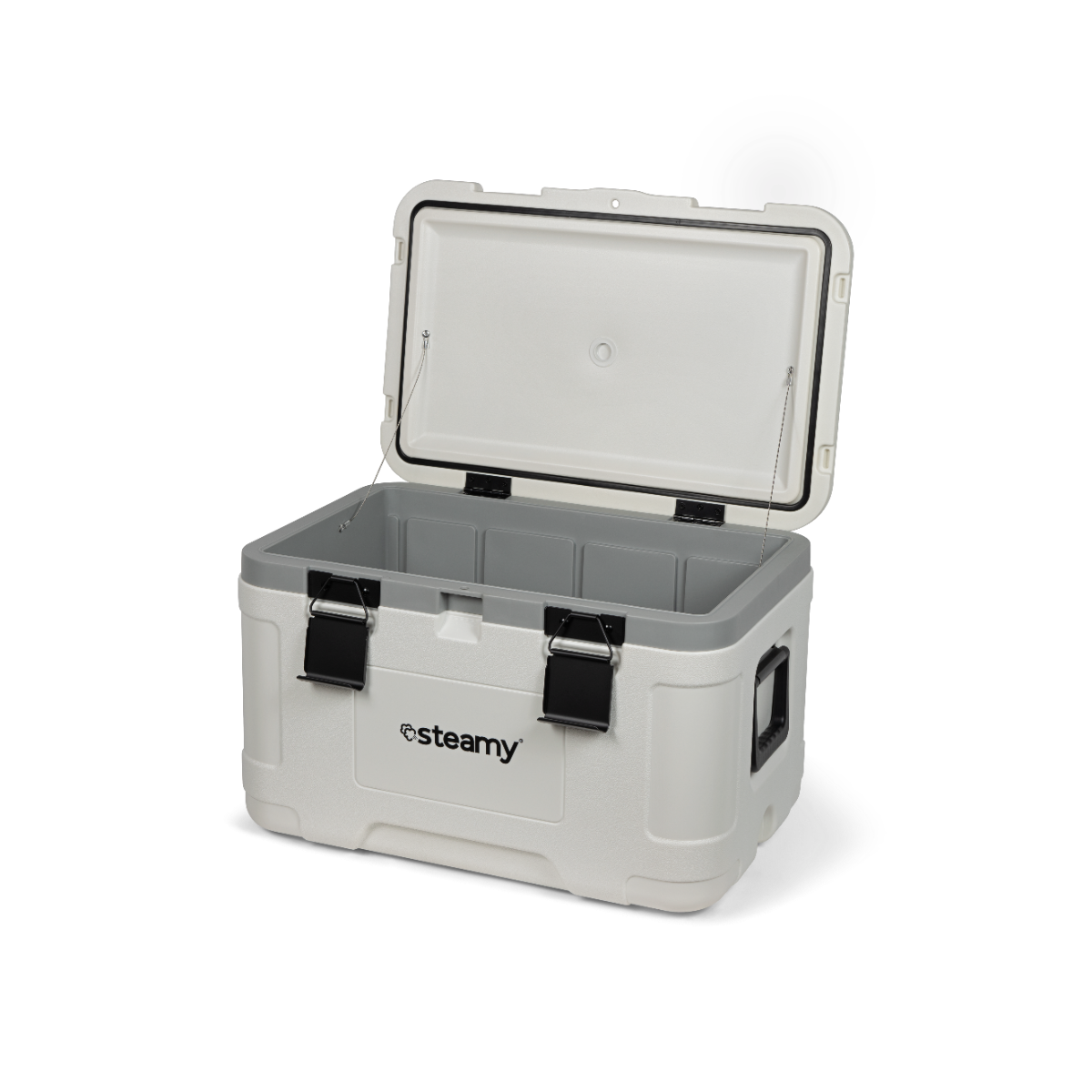 Een witte koelbox met open deksel, grijze handvatten en interieur.