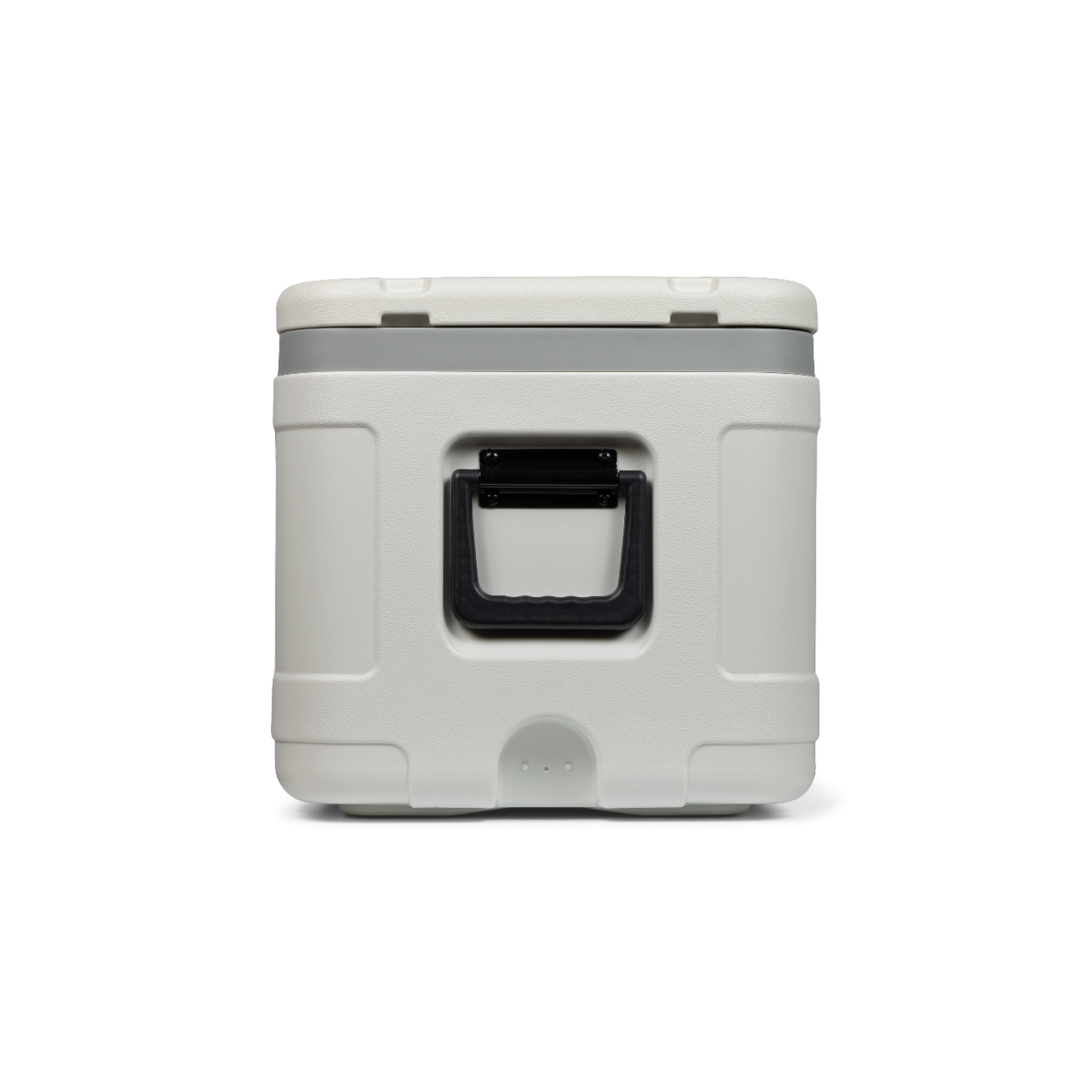 Een witte koeler met grijze rand en zwart handvat.