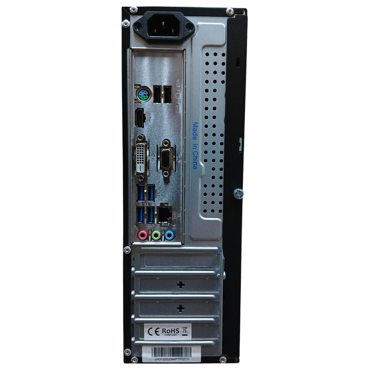 Parte trasera de un PC con puertos: alimentación, USB, audio, DVI, HDMI, VGA.