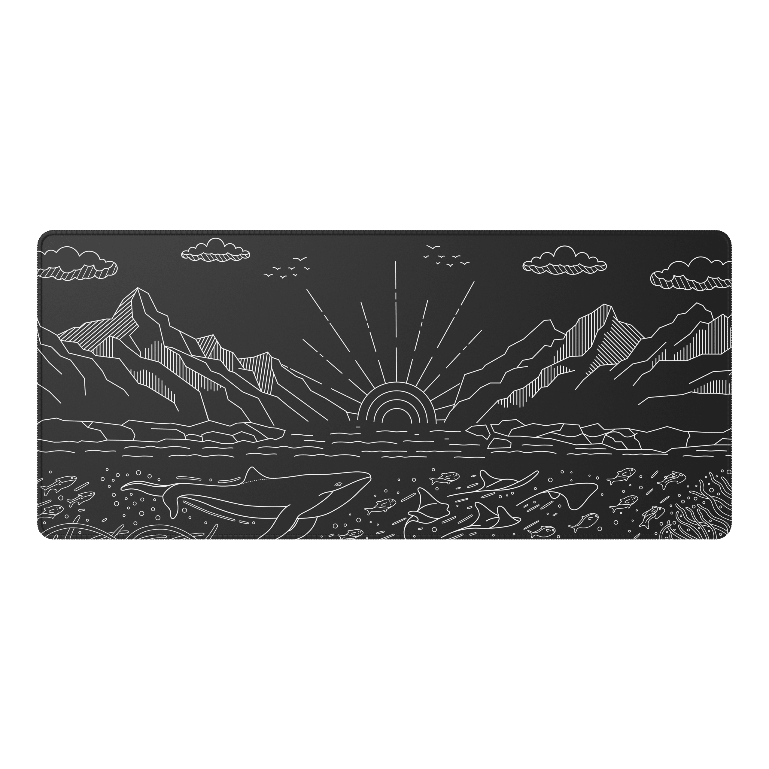 Berglandschaft mit Walen und Fischen im Meer, Sonnenaufgang.