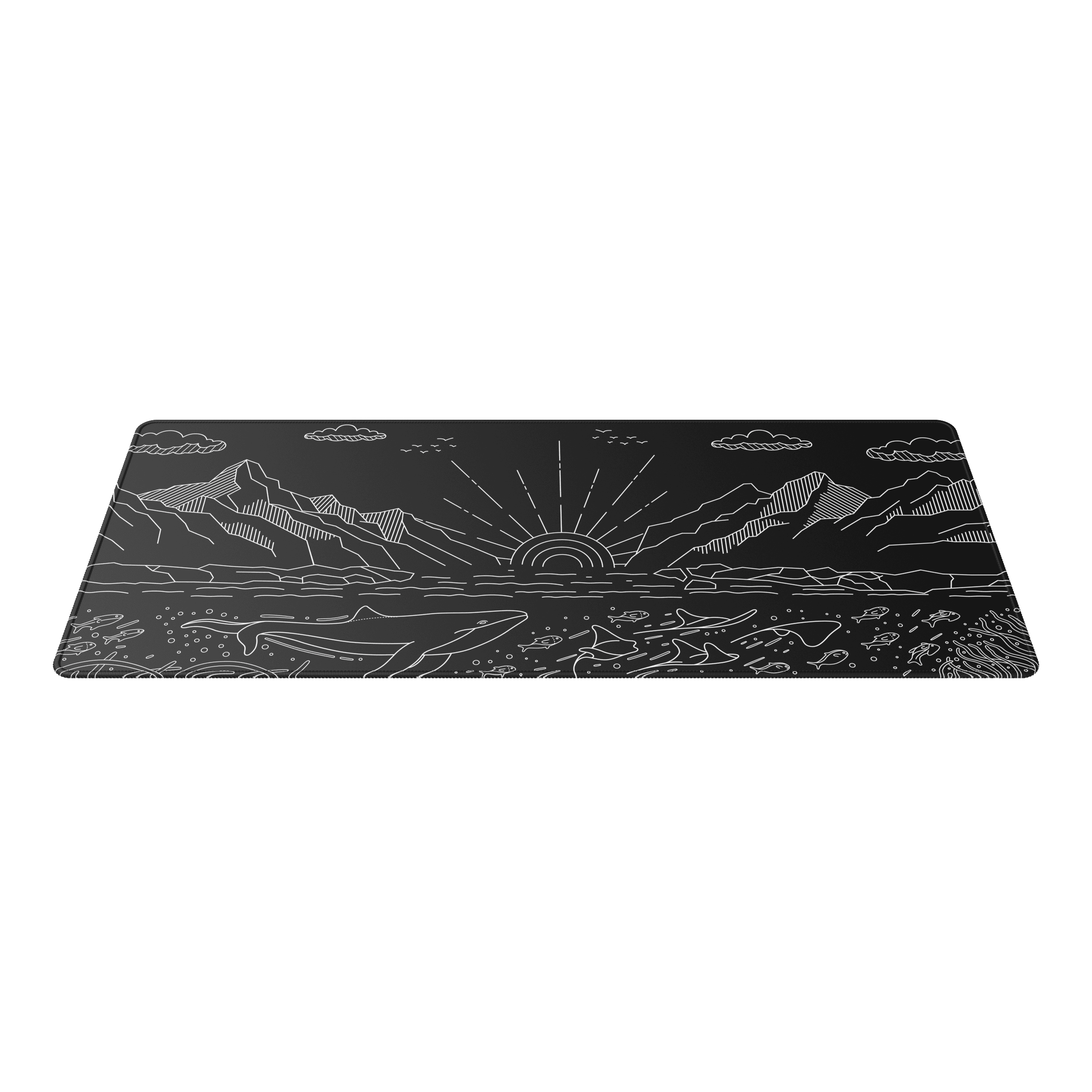 Berglandschaft mit Meer, Walen und Fischen bei Sonnenaufgang, schlichte weiße Linien.