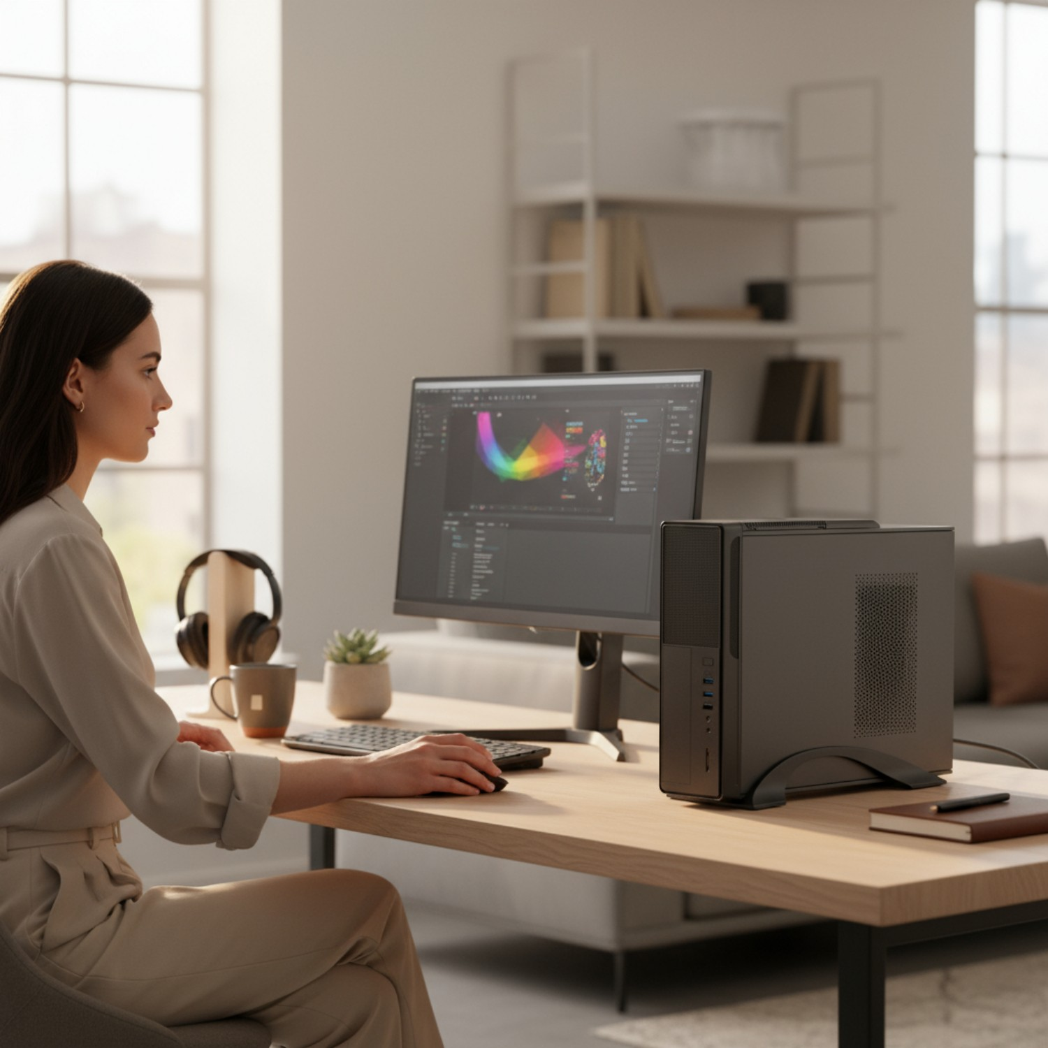 Una mujer trabaja en un ordenador que muestra software de gradiente de color. Auriculares y una taza sobre el escritorio.