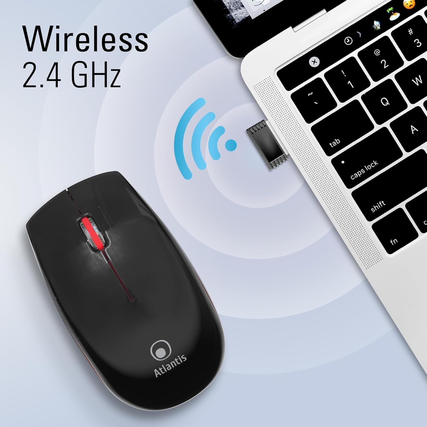 Czarna mysz bezprzewodowa obok laptopa, z donglem USB i tekstem.