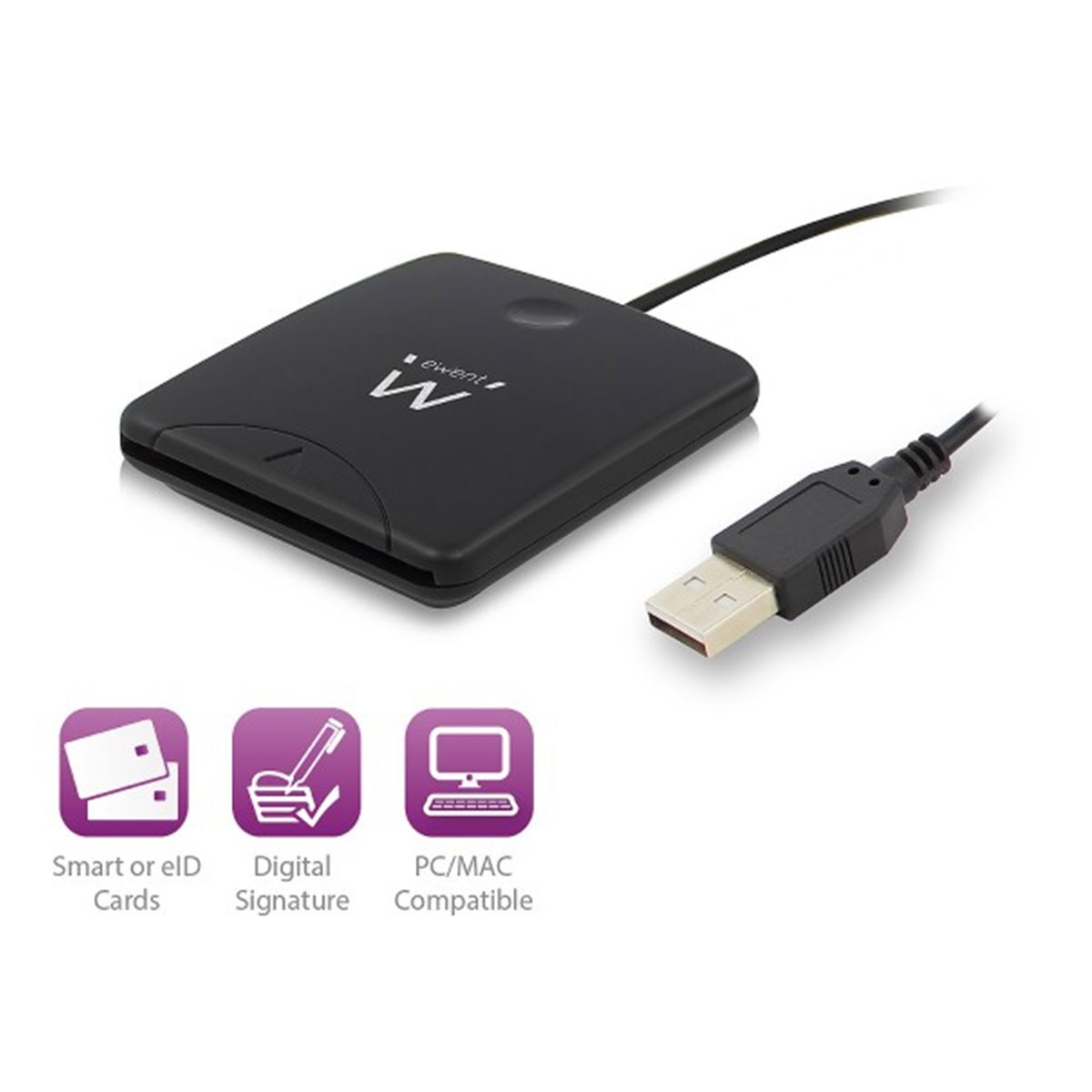 Lettore di schede nero con cavo USB e icone per schede, firma e PC.