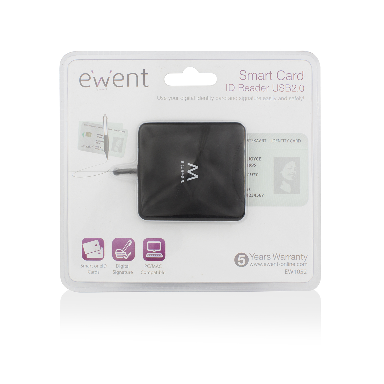 Lettore carte smart Ewent USB2.0 con cavo, confezione con icone.
