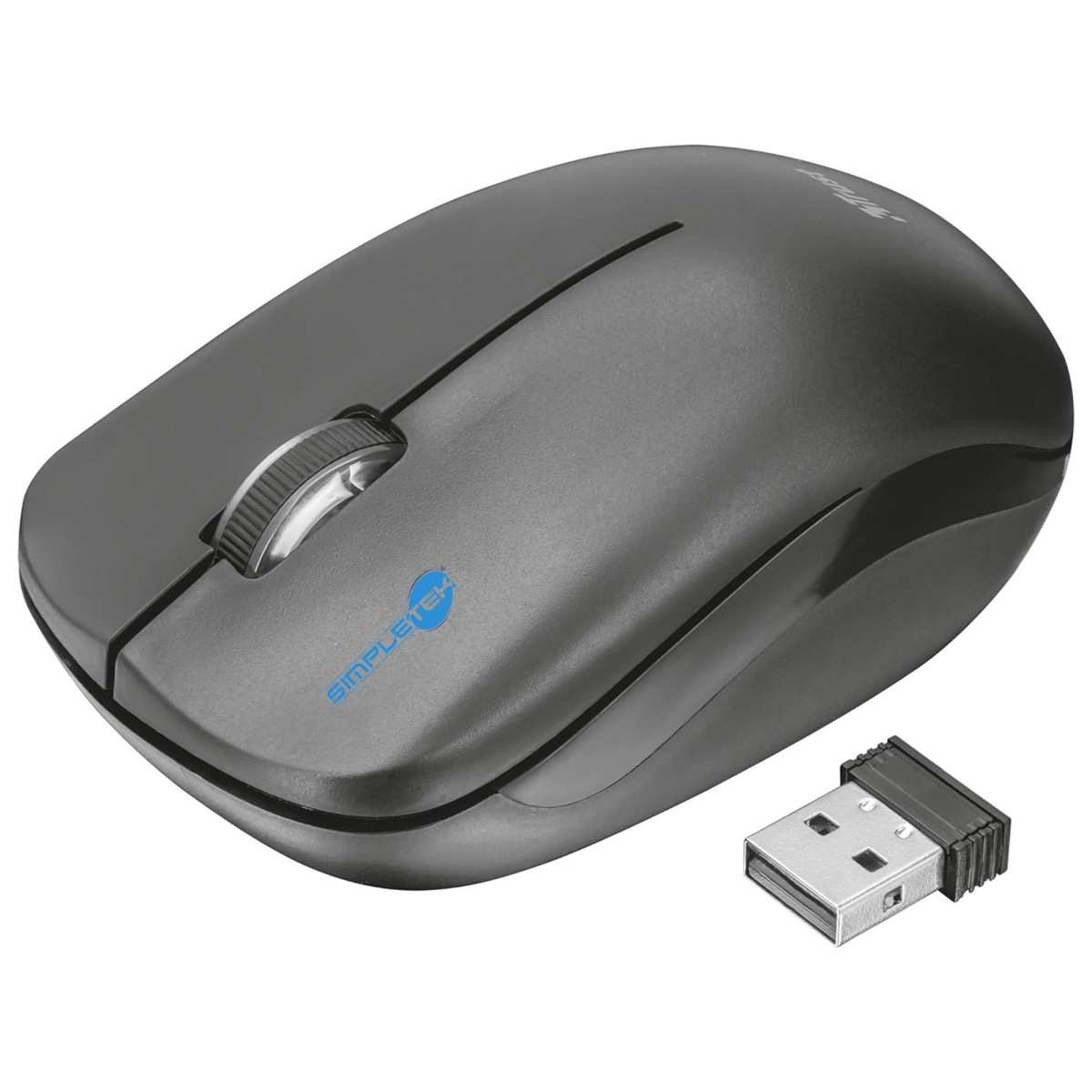 Mouse wireless grigio per computer con dongle USB su sfondo bianco.