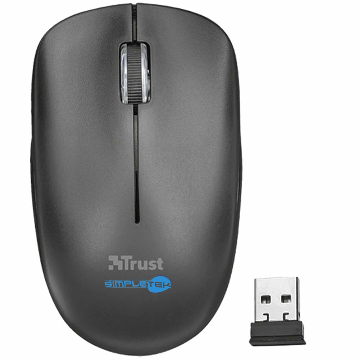 Mouse wireless nero per computer con rotellina di scorrimento e dongle USB.