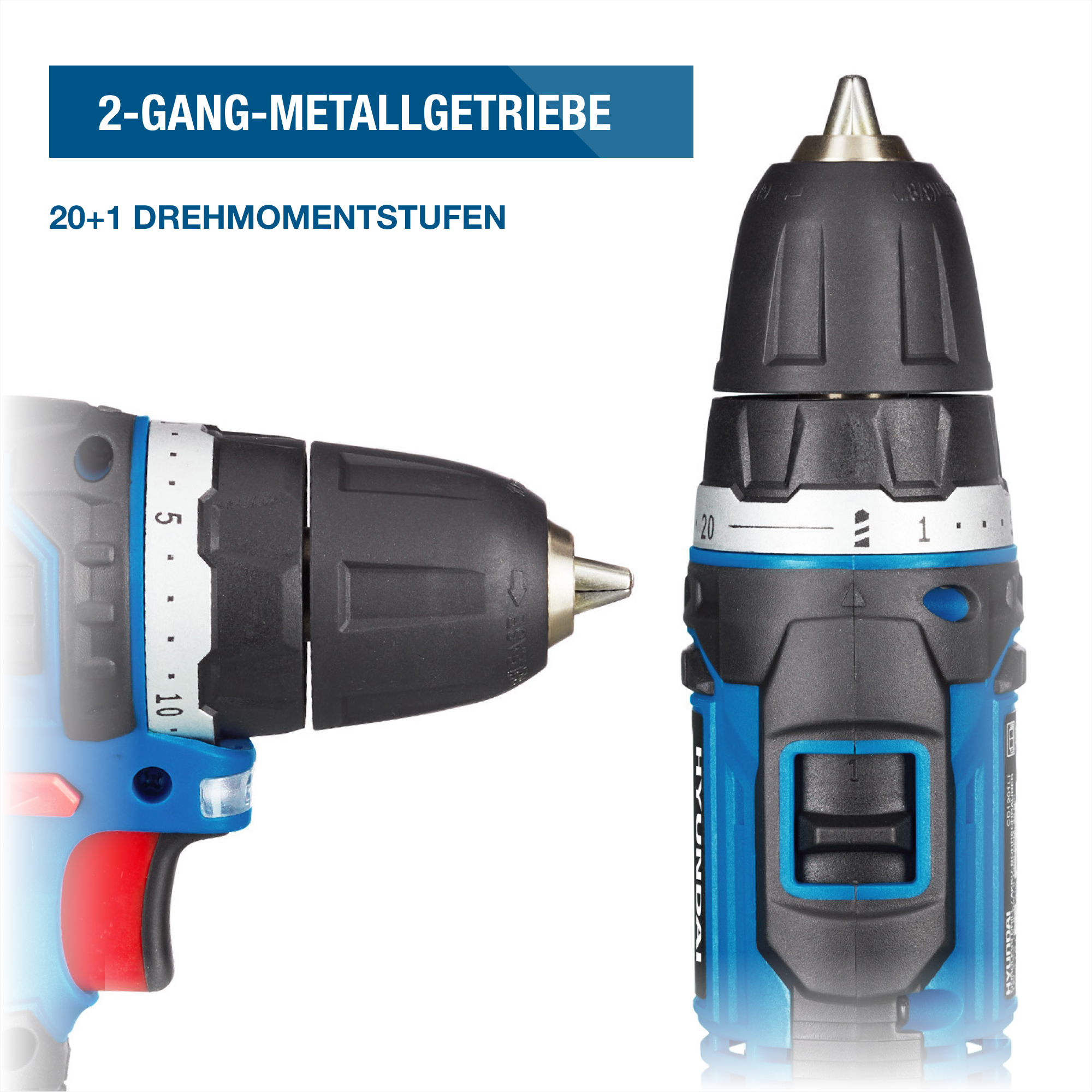 Zwei blaue Bohrmaschinen mit Metallgetriebe und Drehmomenteinstellungen.