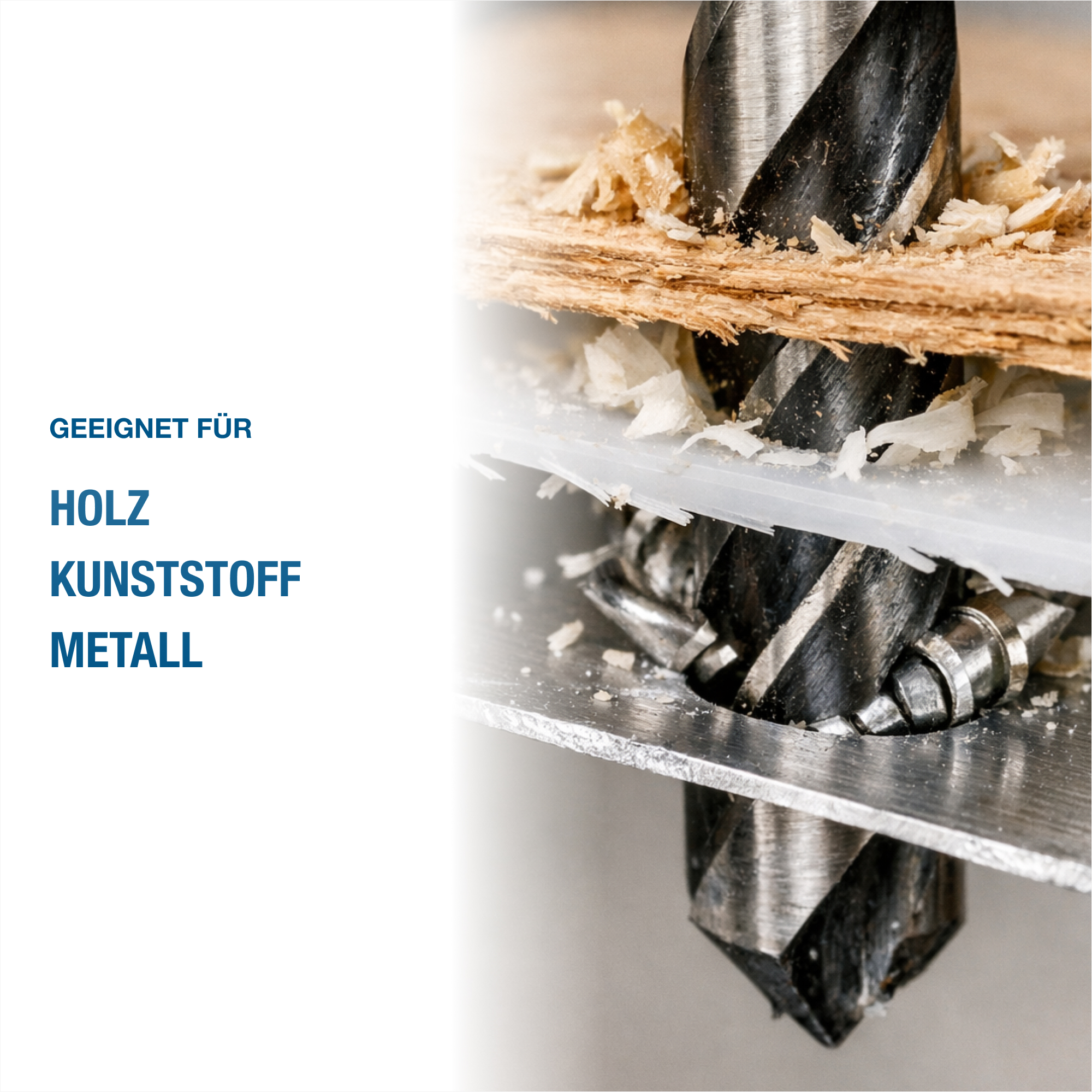 Ein Bohrer bohrt durch Holz, Kunststoff und Metall. Späne liegen herum.