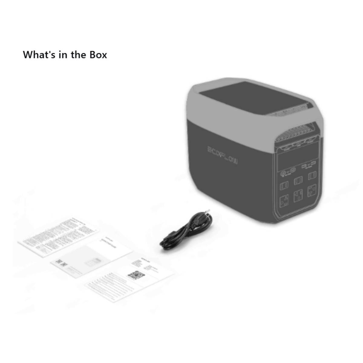 Przenośna elektrownia, kabel ładujący i instrukcje na białym tle.