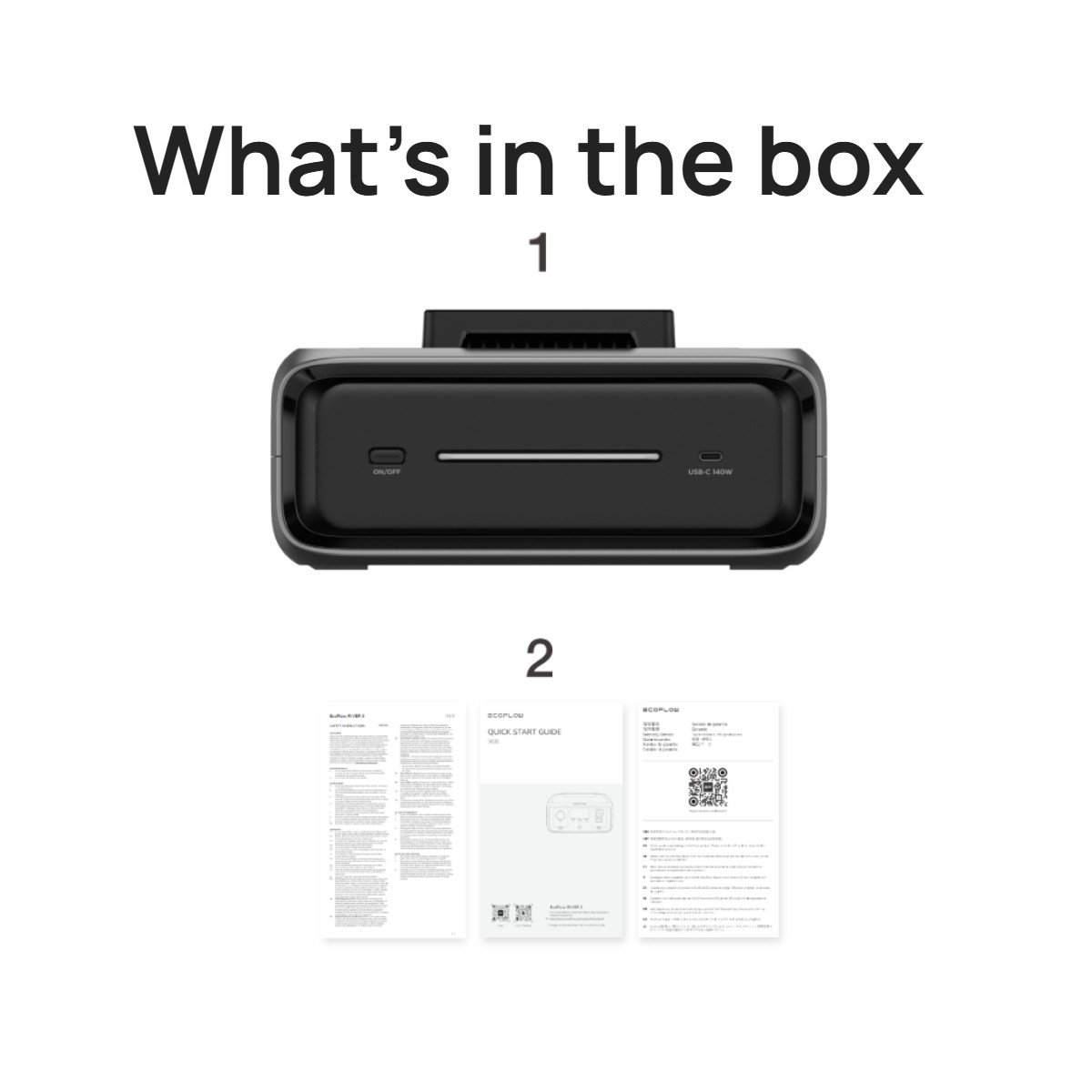Dispositivo nero con pulsante ON/OFF e porta USB-C. Manuali accanto.