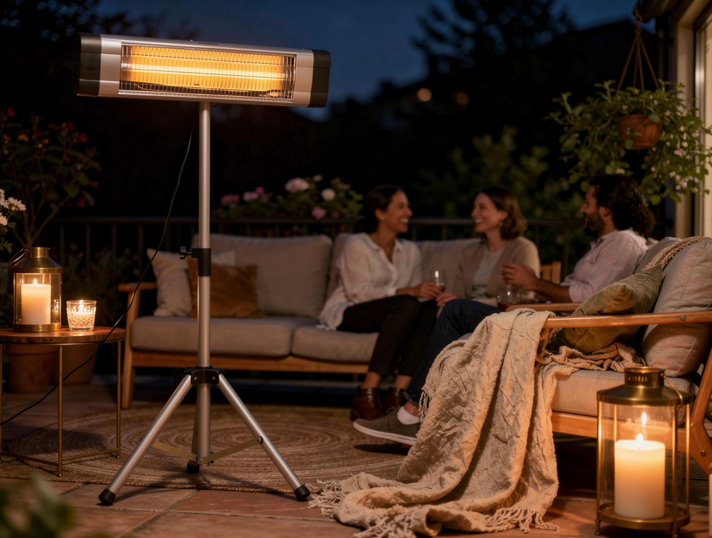 Tres personas sentadas en un patio por la noche. Un calefactor de patio está en un trípode.