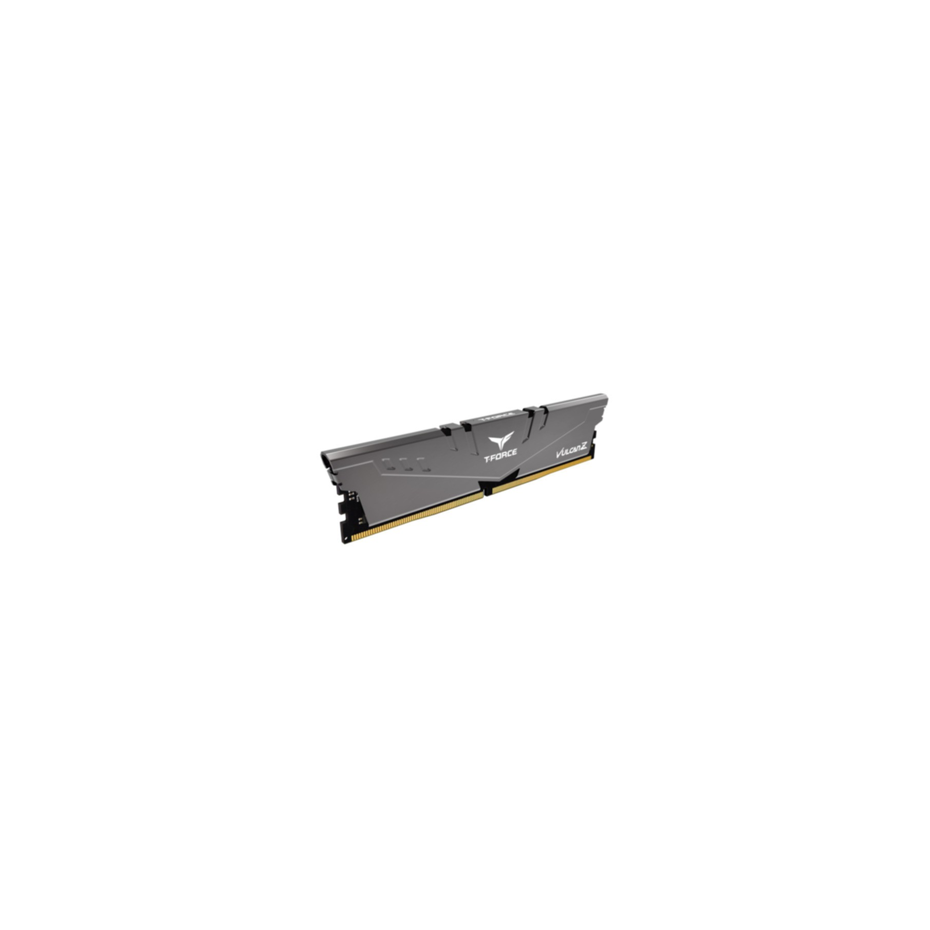 Ein graues RAM-Modul mit goldfarbenen Kontakten und schwarzem Kühlkörper.