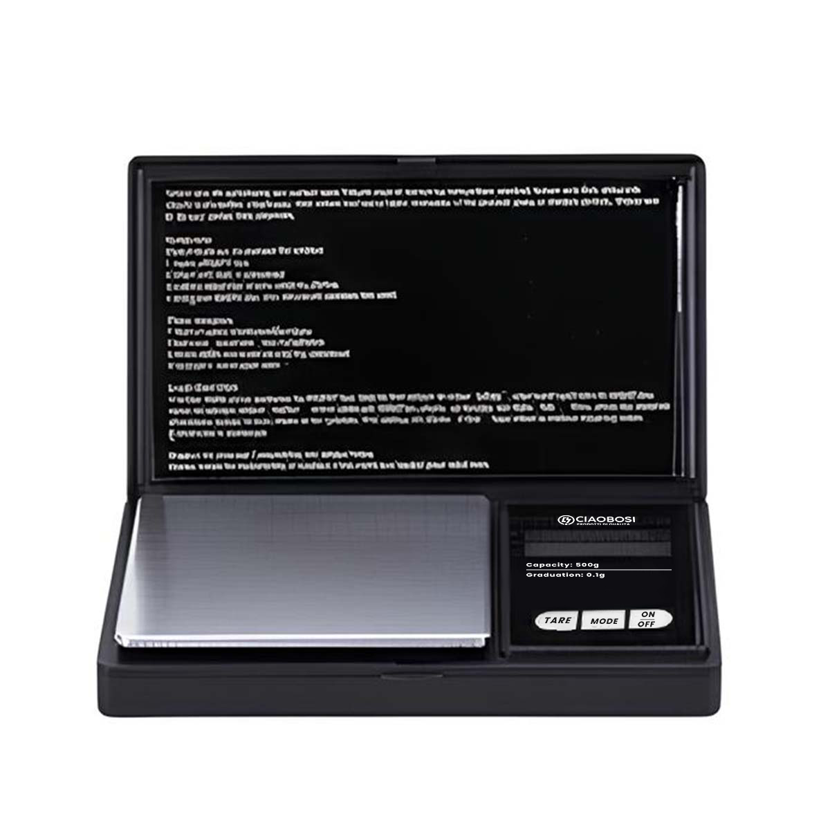 Eine schwarze Digitalwaage mit einem aufgeschlagenen Deckel und einem Display.
