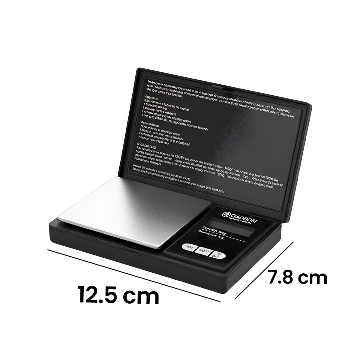 Eine schwarze digitale Waage mit silberner Wiegefläche und Maßen.