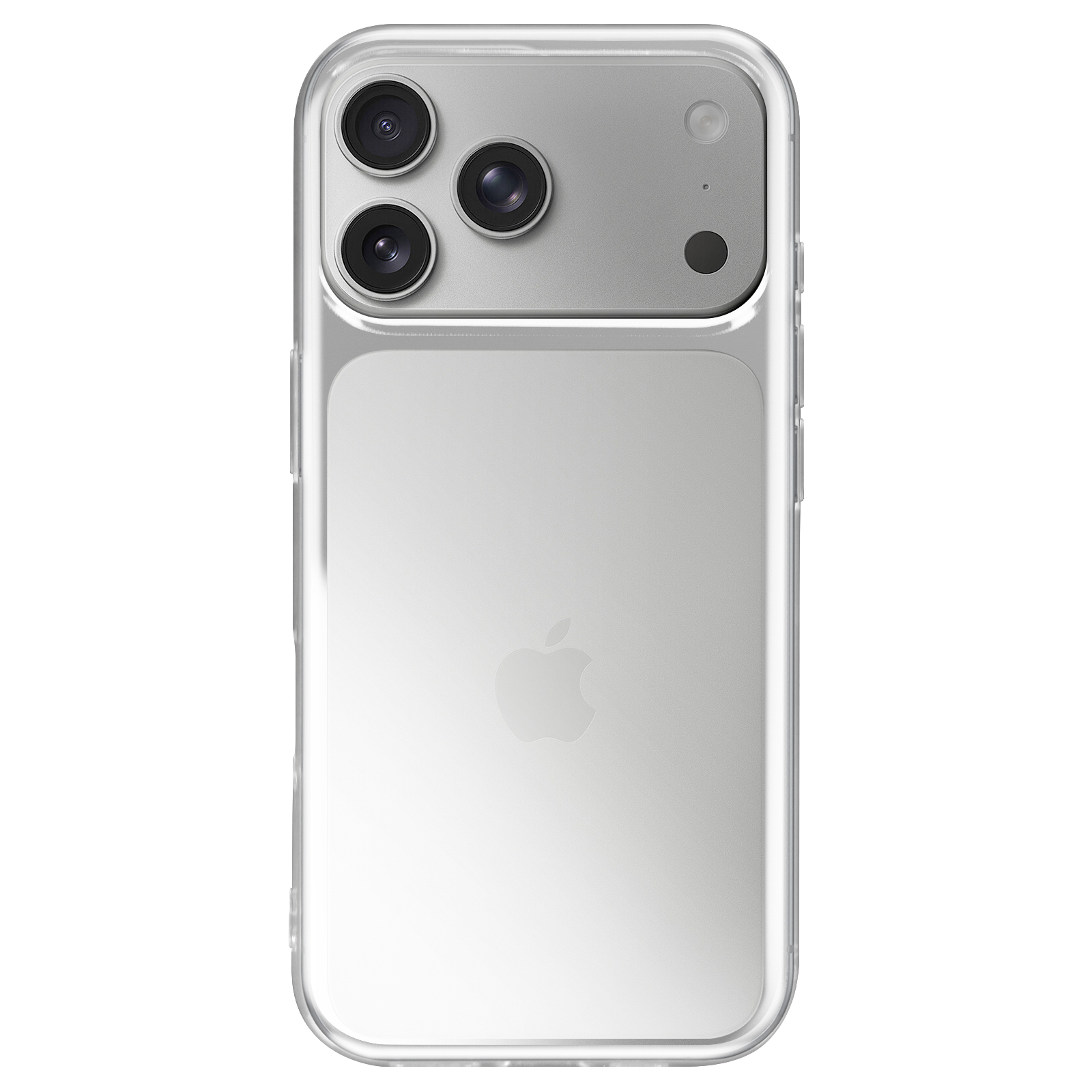 Rückseite eines transparenten iPhones mit silbernem Kameramodul und Apple-Logo.