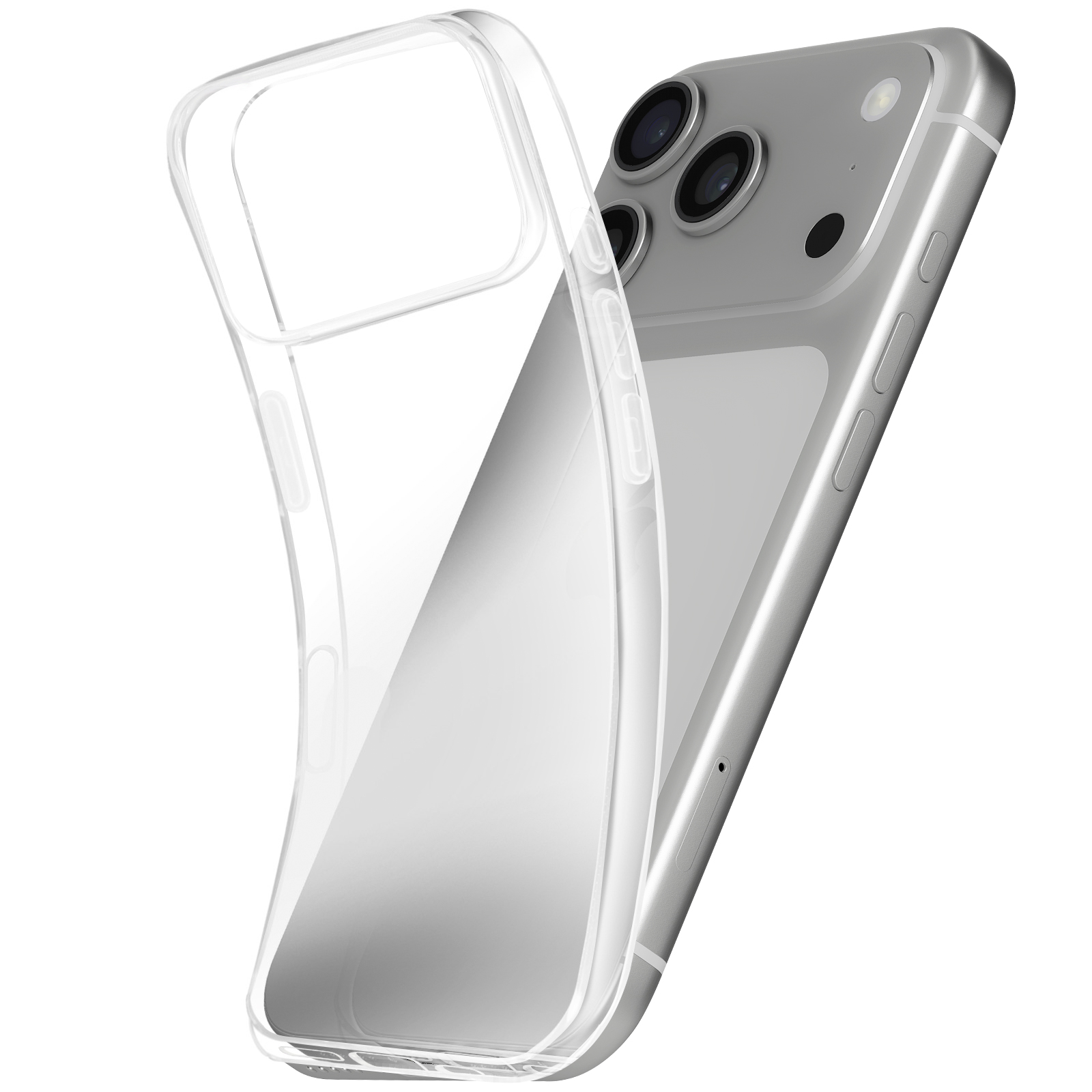 Ein transparentes Handyhülle liegt neben einem silbernen Smartphone.