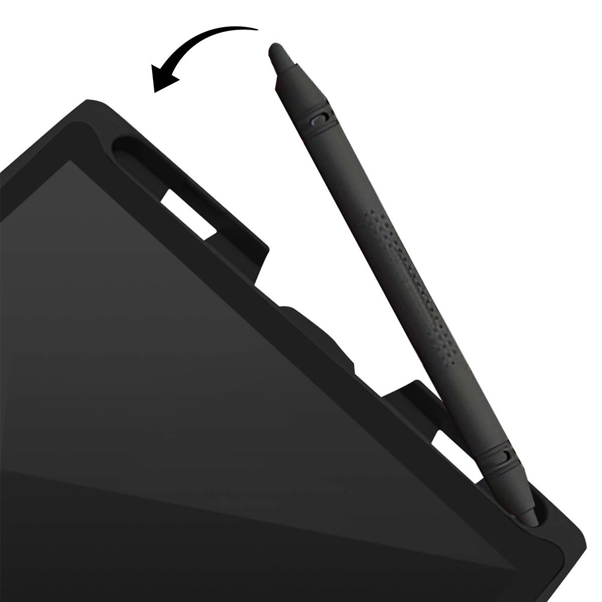 Uno stilo nero viene inserito in un supporto su un tablet nero.