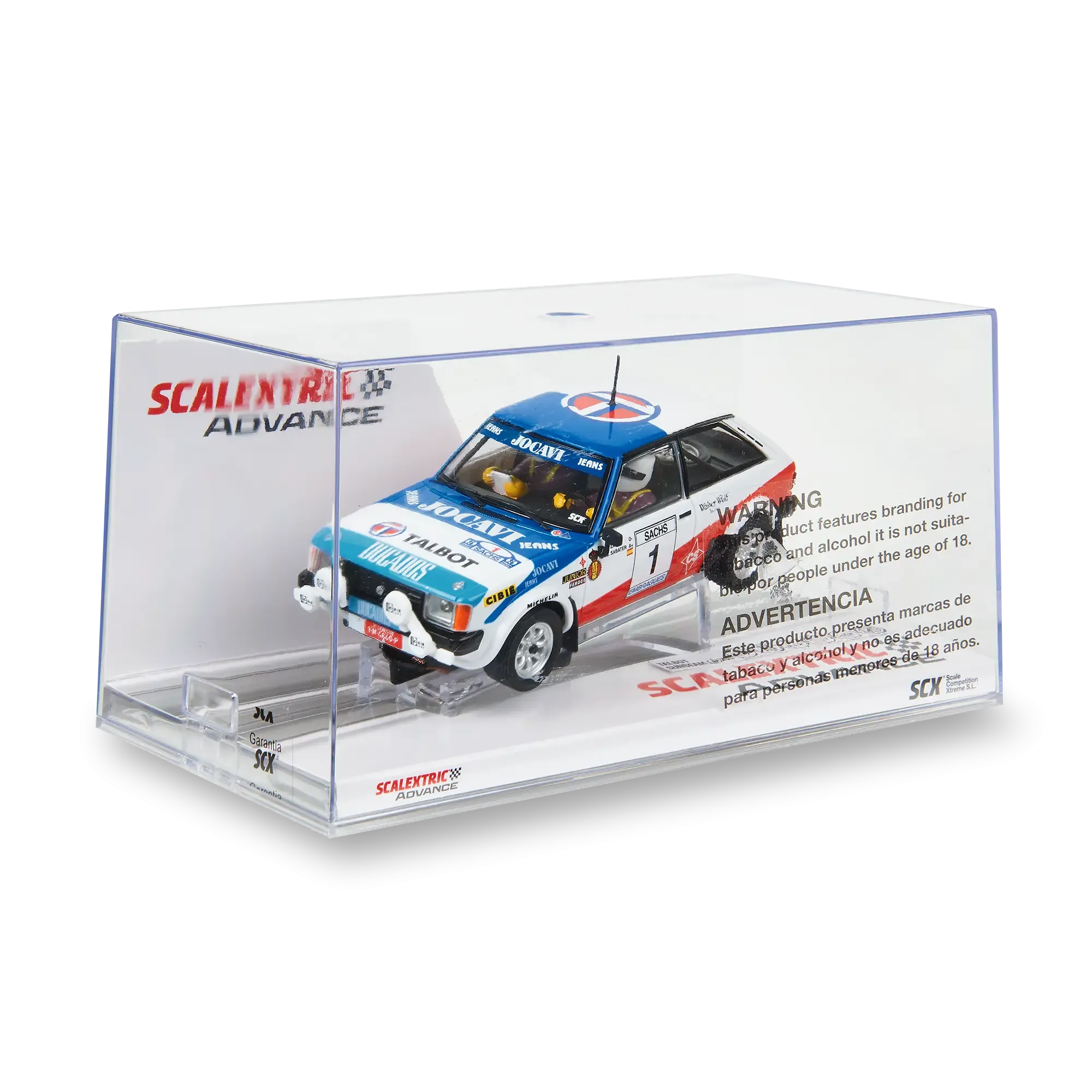 Un coche de rally blanco y azul con el número 1 en una caja.