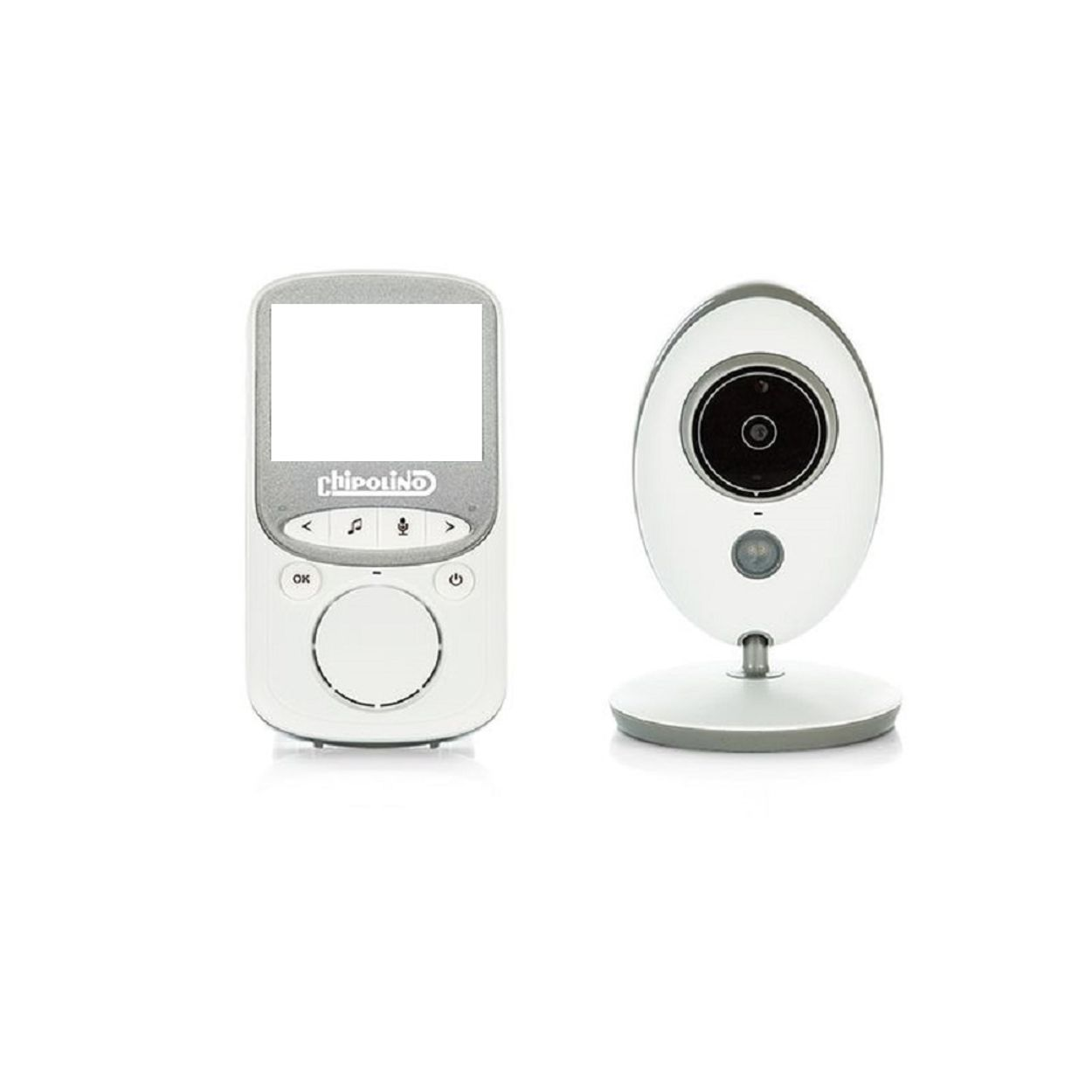 Ein weißer Baby Monitor mit Bildschirm und Kamera.