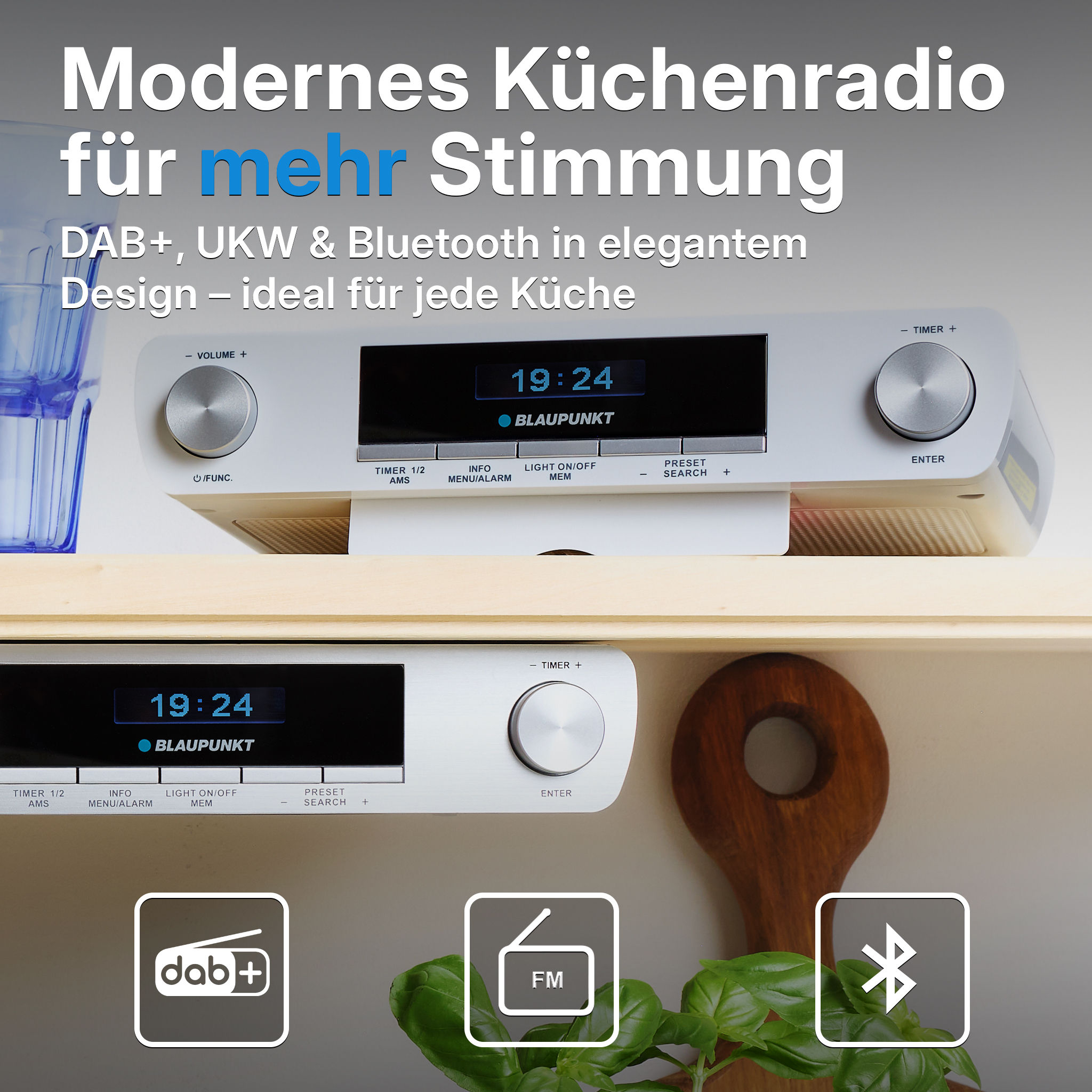 Modernes Küchenradio mit DAB+, UKW & Bluetooth. Zeigt 19:24 an.